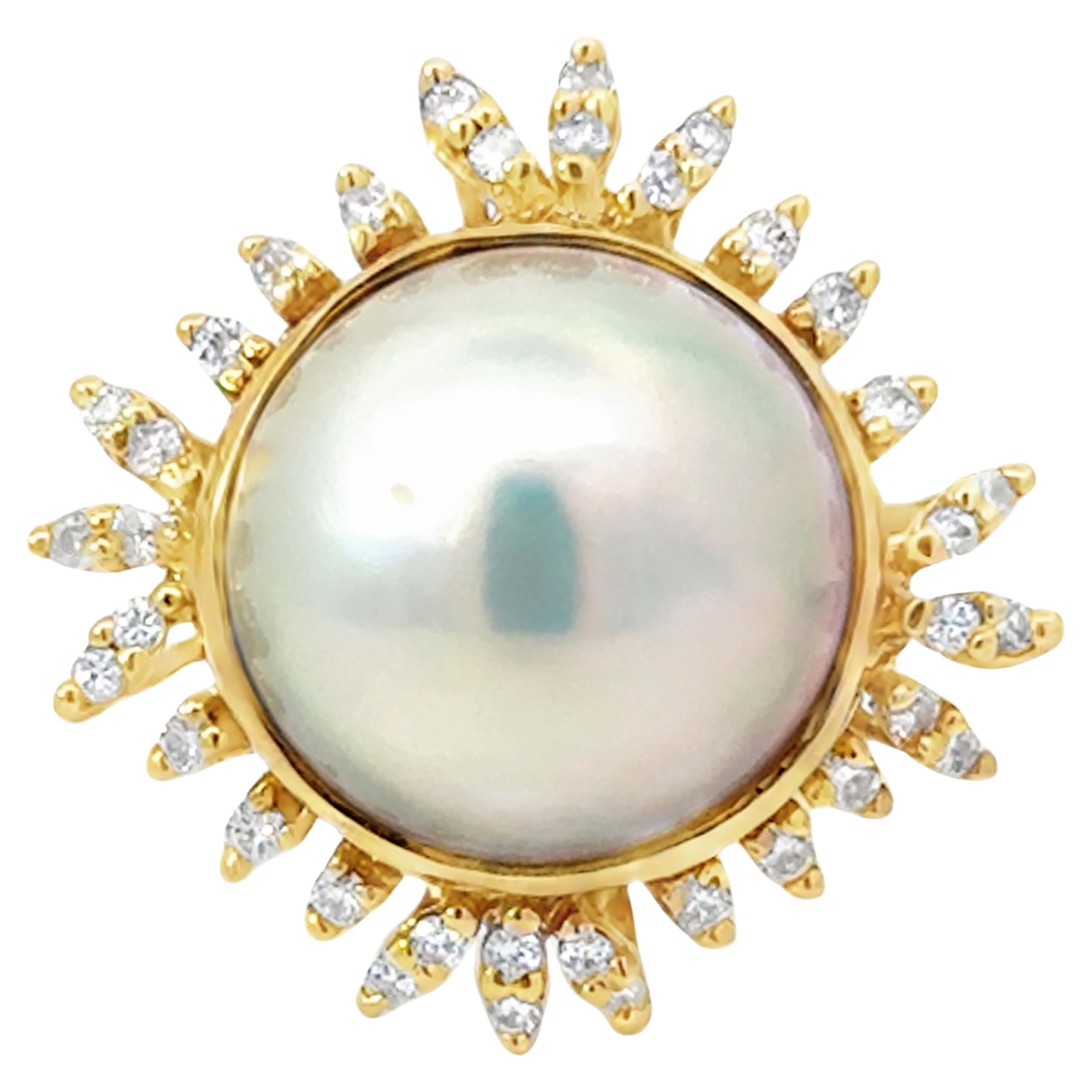 16 Mm Mabe Pearl and Diamond Halo Ring 18k Yellow Gold