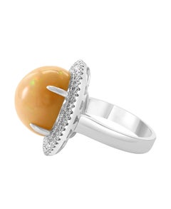 Round Opal and Diamond Cocktail Ring 18 Karat White Gold, Estate