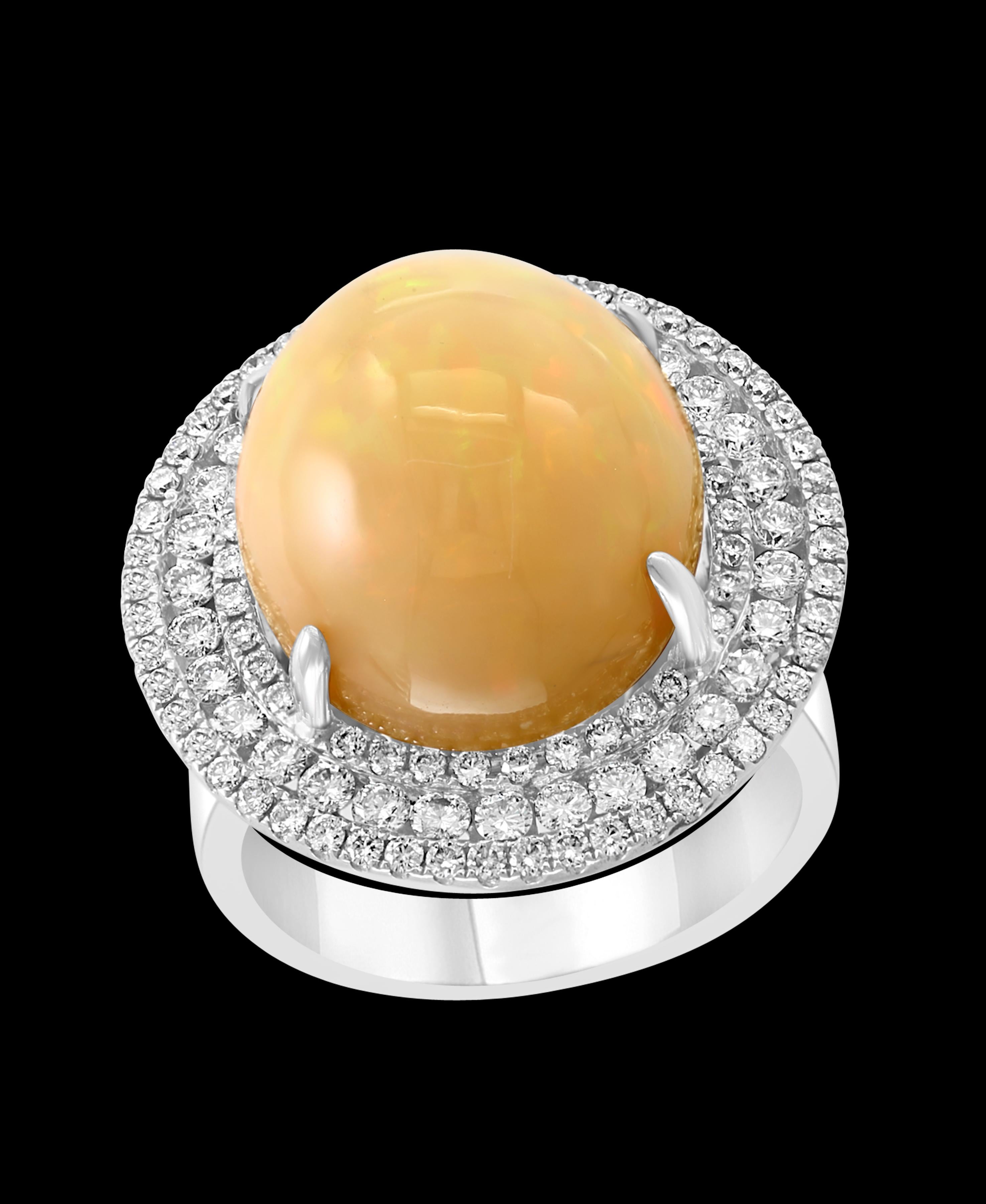 Round Cut Round Opal and Diamond Cocktail Ring 18 Karat White Gold, Estate For Sale