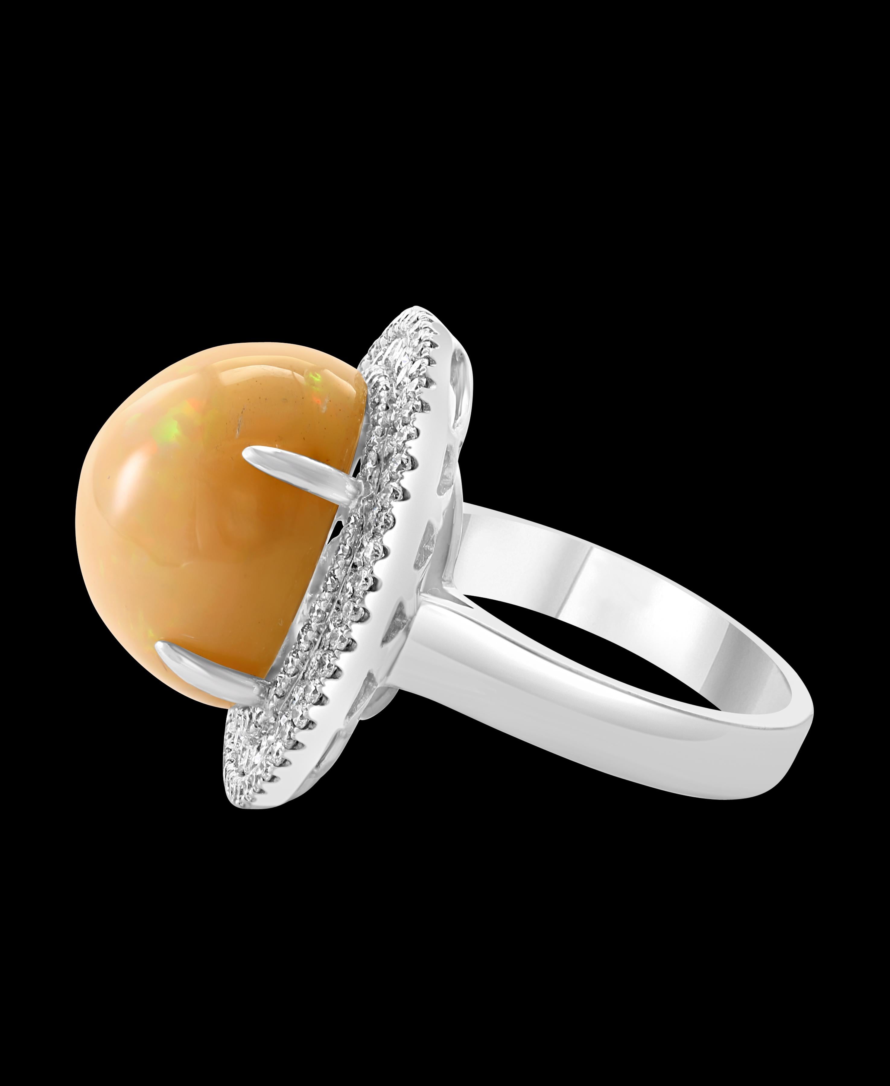 Round Opal and Diamond Cocktail Ring 18 Karat White Gold, Estate In Excellent Condition For Sale In New York, NY