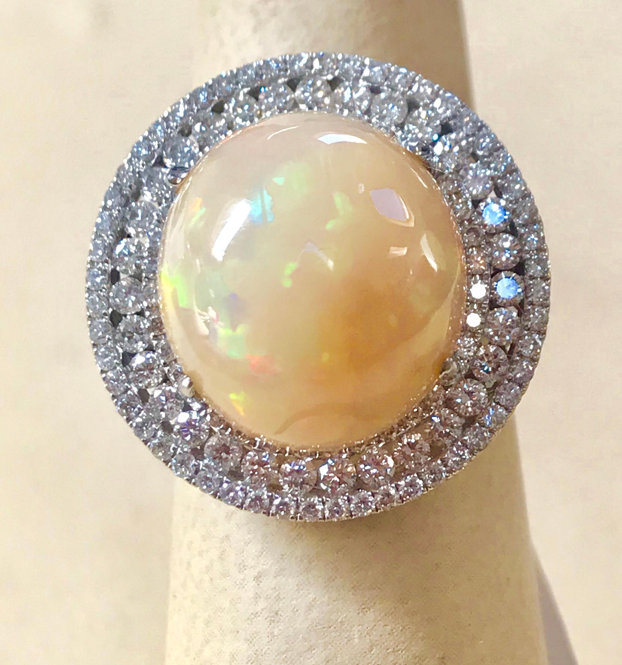 Round Opal and Diamond Cocktail Ring 18 Karat White Gold, Estate For Sale 1