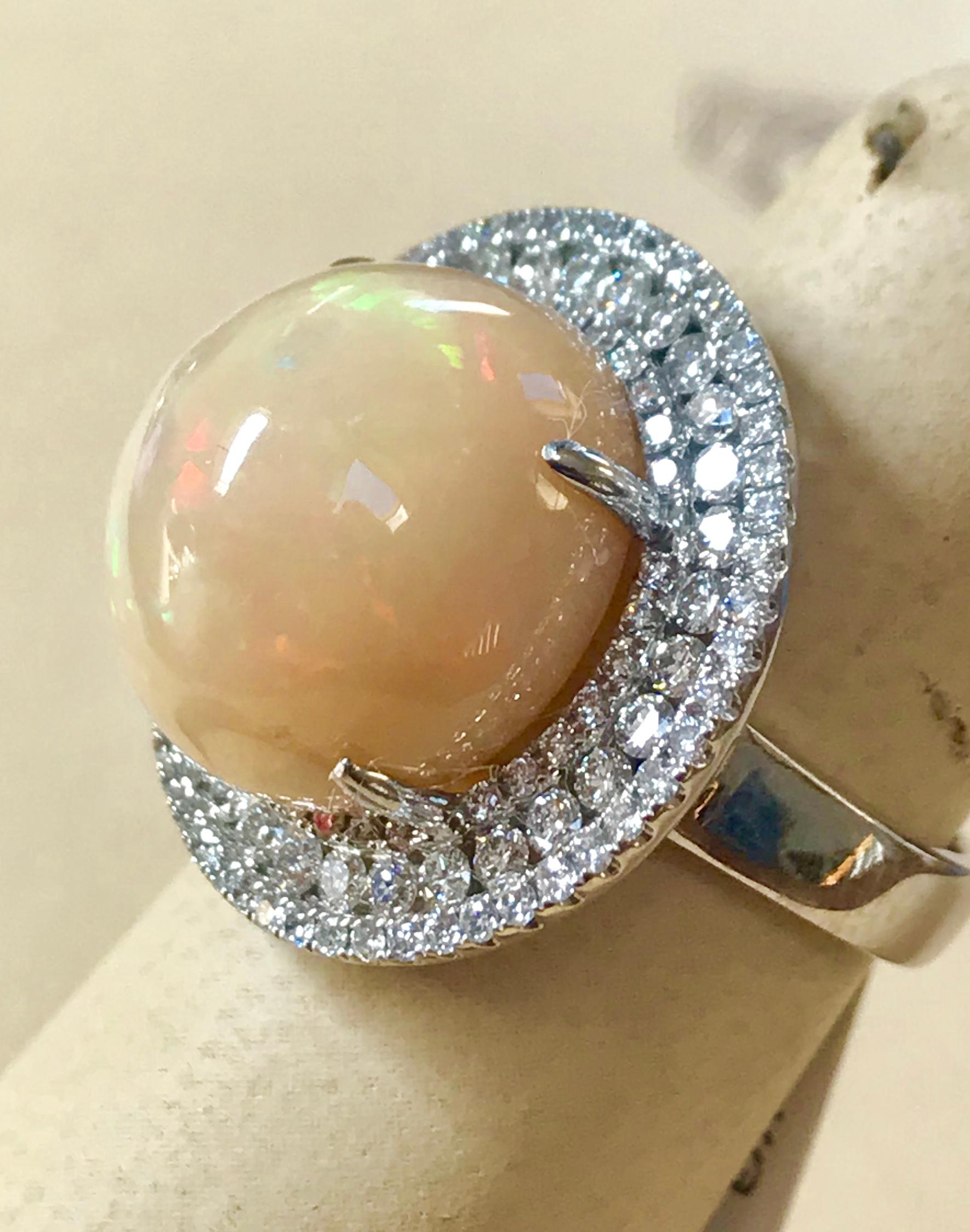 Round Opal and Diamond Cocktail Ring 18 Karat White Gold, Estate For Sale 2