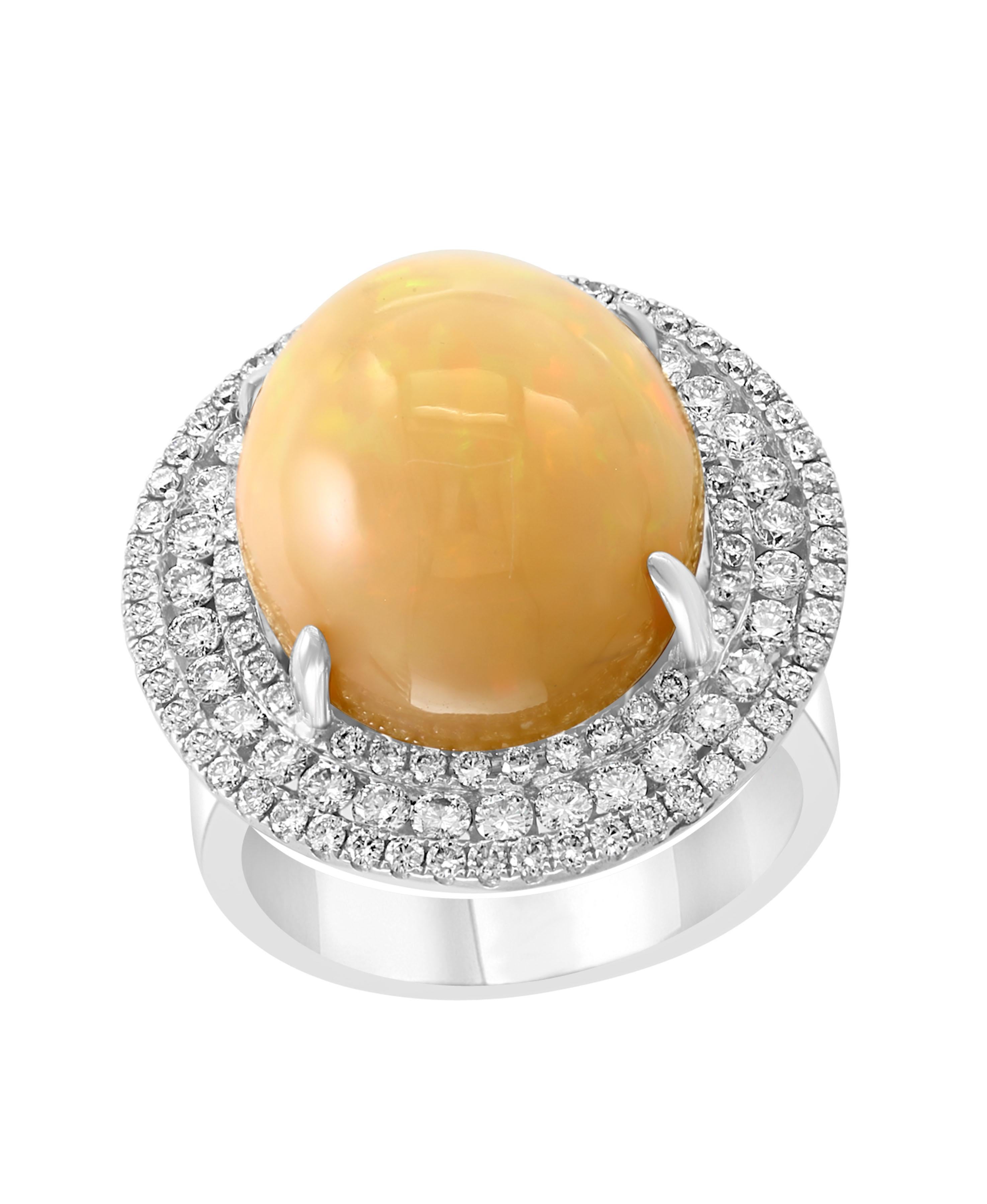 Round Opal and Diamond Cocktail Ring 18 Karat White Gold, Estate For Sale 3