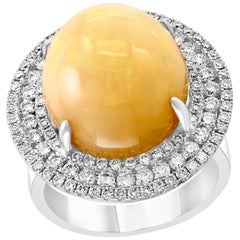 Round Opal and Diamond Cocktail Ring 18 Karat White Gold, Estate