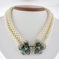 16" Multi Strand Pearl Necklace W/ Plat W/ Gold Diamond & Emerald Clover Clasp