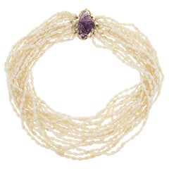 16" Multi Strand Pearls Torsade Strand Necklace w/14k Gold Carved Amethyst Clasp