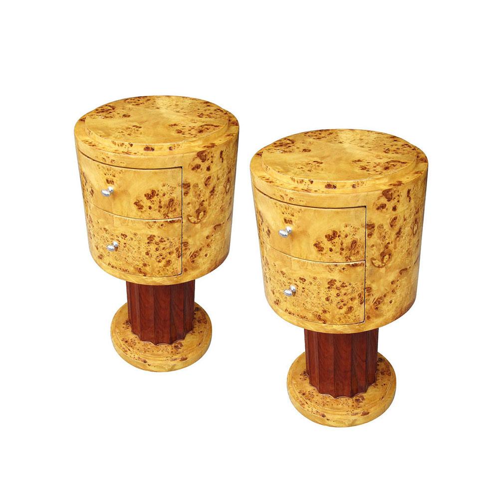 Burl and Walnut Art Deco style end tables. A unique end table constructed of Burl with a Walnut base. Two drawers and metal pulls. 
 

Diameter 16