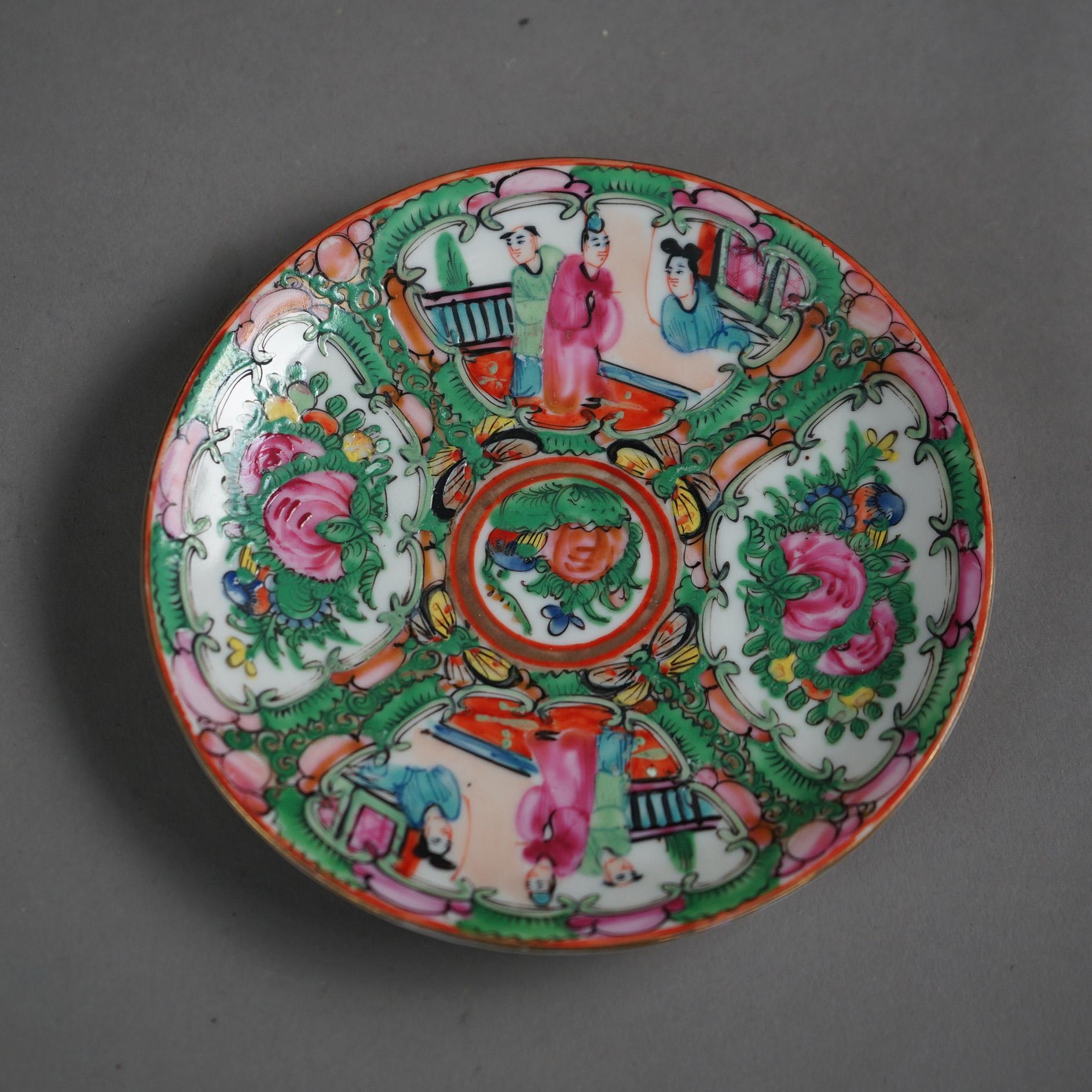 16 Piece Antique Rose Medallion Enameled Porcelain Plates & Saucers with Genre & Garden Scenes C1920

Small plates - 6 1/8