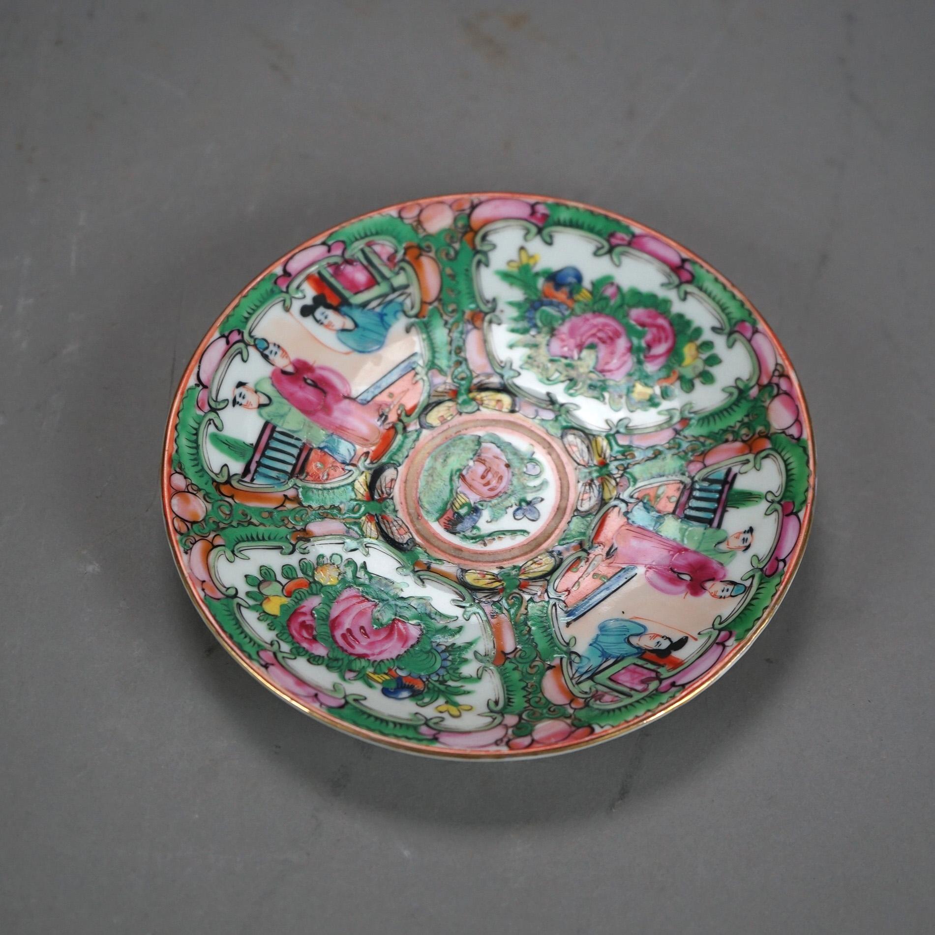 16 Piece Antique Rose Medallion Enameled Porcelain Plates & Saucers C1920 In Good Condition In Big Flats, NY