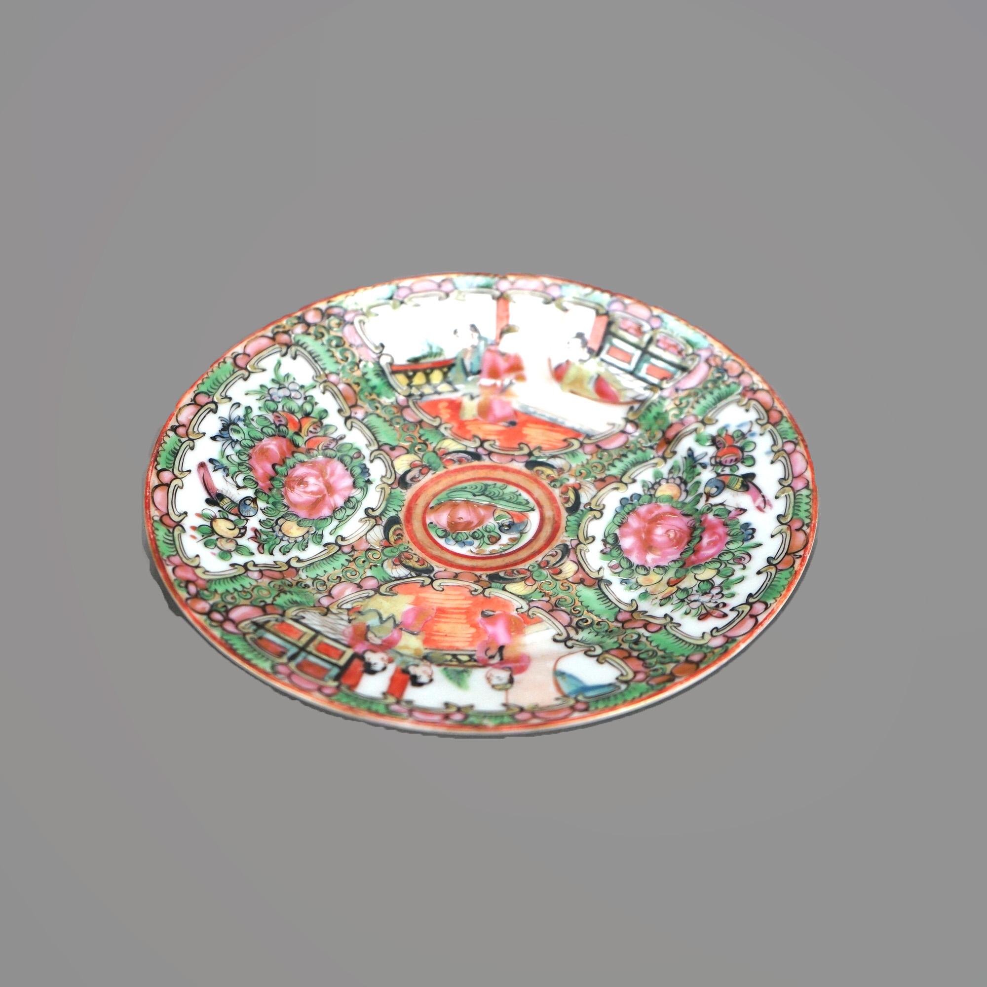 16 Piece Antique Rose Medallion Enameled Porcelain Plates & Saucers C1920 1