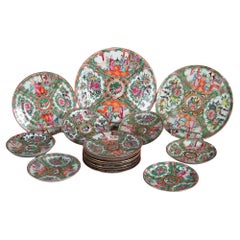 16 Piece Antique Rose Medallion Enameled Porcelain Plates & Saucers C1920