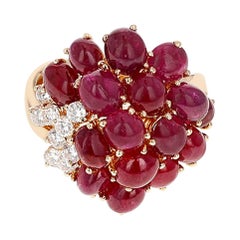 16 Ruby Cabochon Cluster Ring with 9 Round Diamonds, 18 Karat Yellow Gold