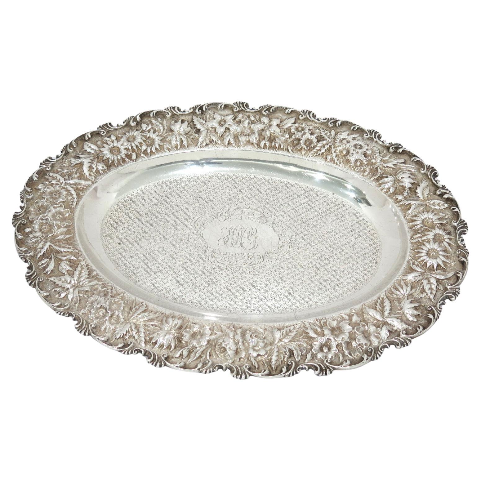 16" Sterling Silver Baltimore Sterling Silver 'Stieff' Antique Repousse Platter For Sale