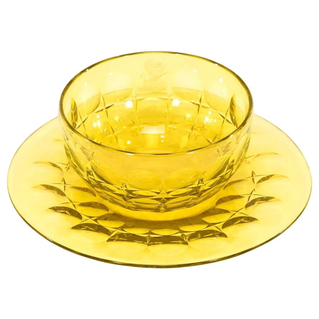 16 Steuben Yellow Cut Crystal Dessert Bowls & Underplates w/ Armorial Crest