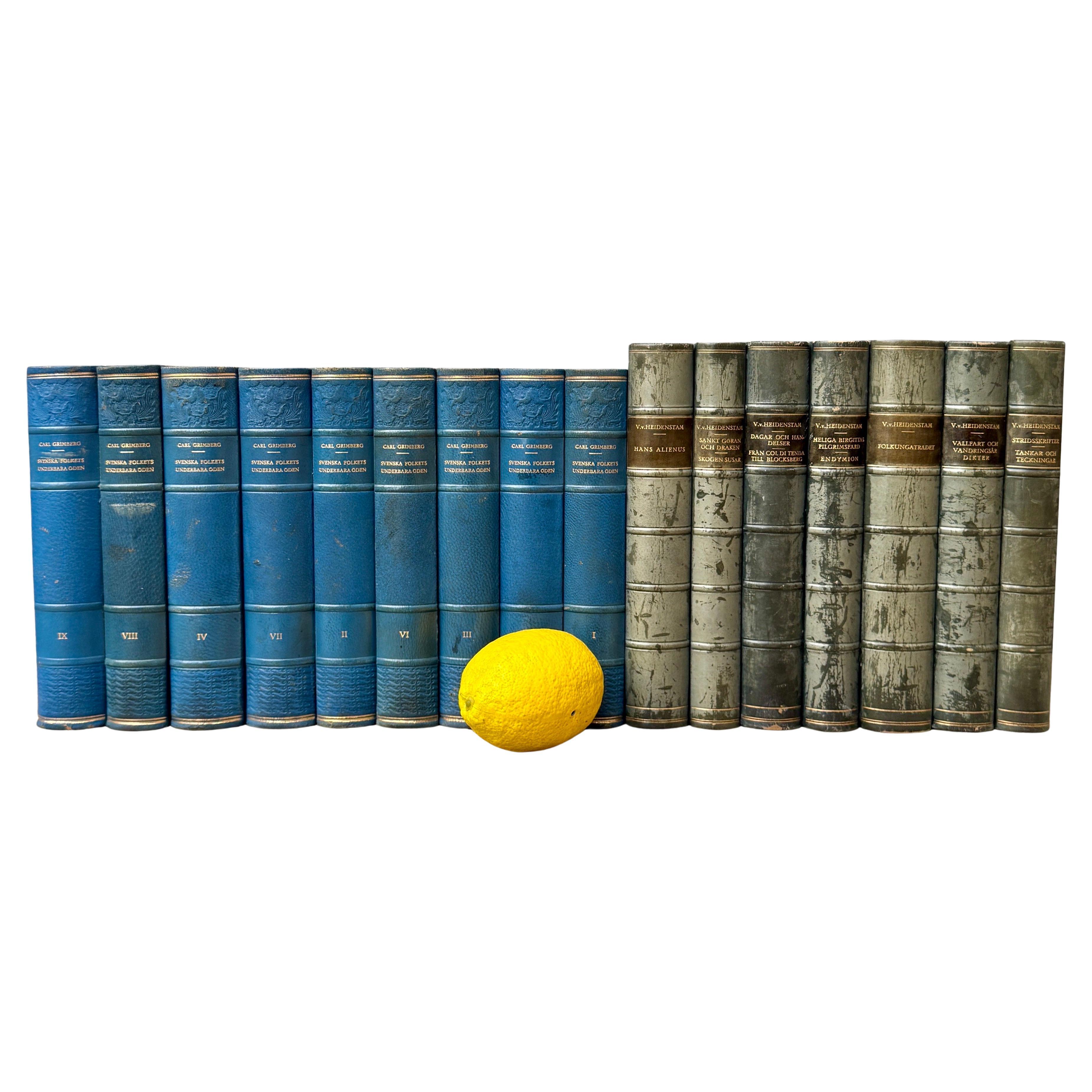 16 libri svedesi del XX secolo rilegati in pelle di colore blu In condizioni buone in vendita a Haddonfield, NJ