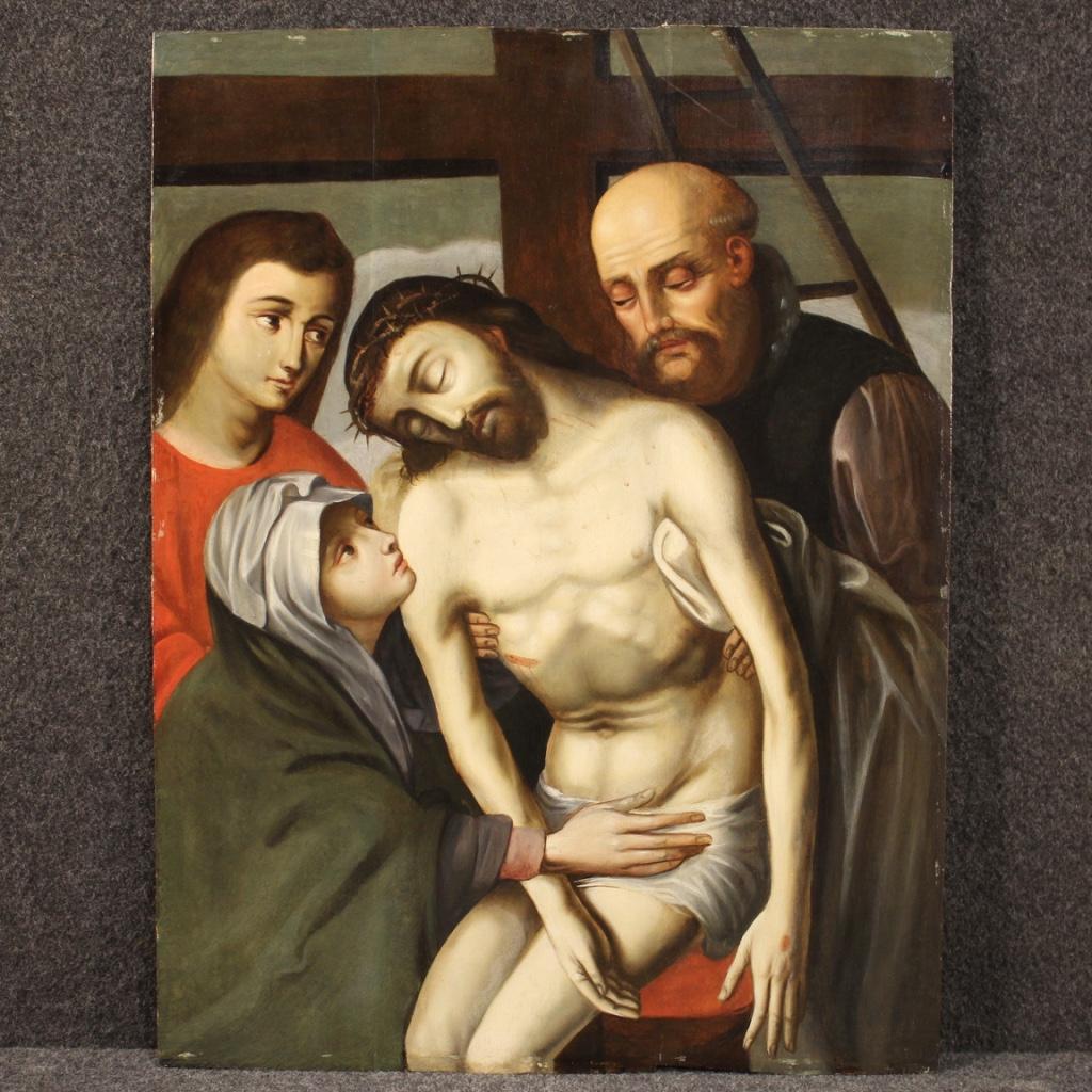 Antique Flemish painting from the 16th century. Oil panel framework depicting Lamentation over the Dead Christ, of excellent pictorial quality. Panel of beautiful size and great quality for antique dealers, interior decorators and collectors of