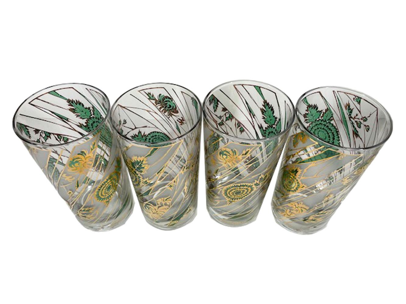 Vintage set of 16 cocktail glasses signed in script Culver, LTD. Eight each highball and double rocks glasses decorated with an abstract design of diagonal frosted and clear stripes with gold edge lines as well as random patterns of gold lines
