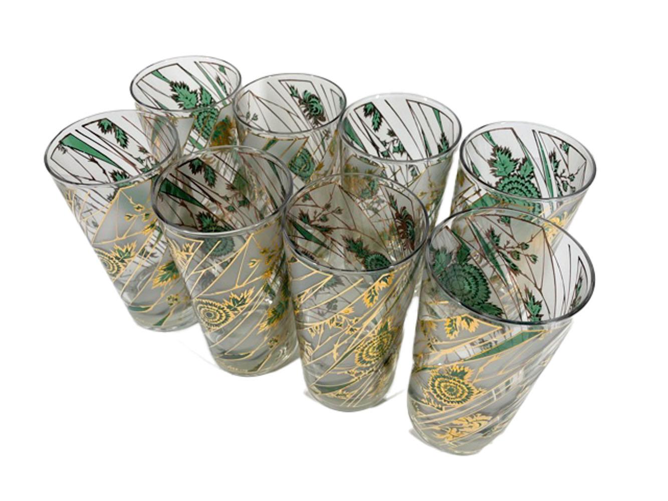 Mid-Century Modern 16 Vintage Culver LTD. 8 Highball and 8 Rocks with Emerald Green Chrysanthemums  For Sale