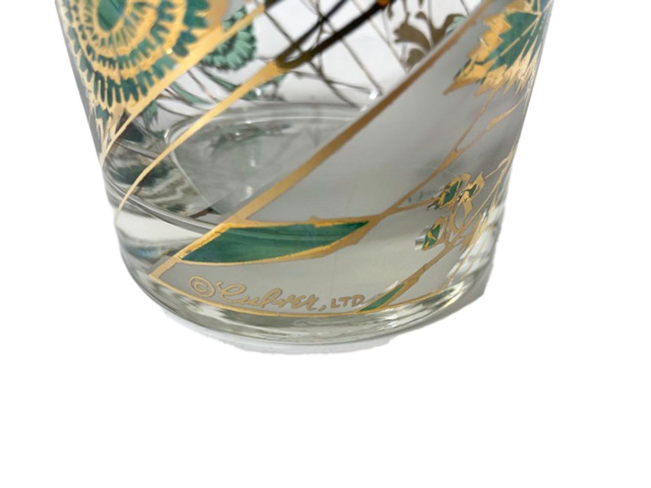 Glass 16 Vintage Culver LTD. 8 Highball and 8 Rocks with Emerald Green Chrysanthemums  For Sale