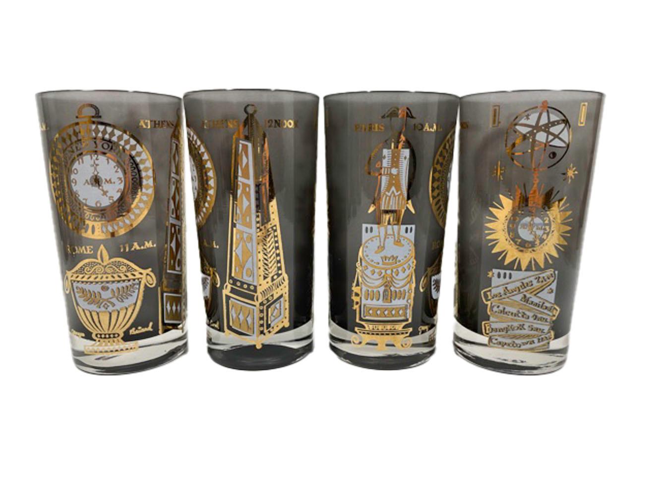 Mid-Century Modern 16 Vintage Georges Briard International Time Zone Glasses, 8 Highball, 8 Rocks For Sale