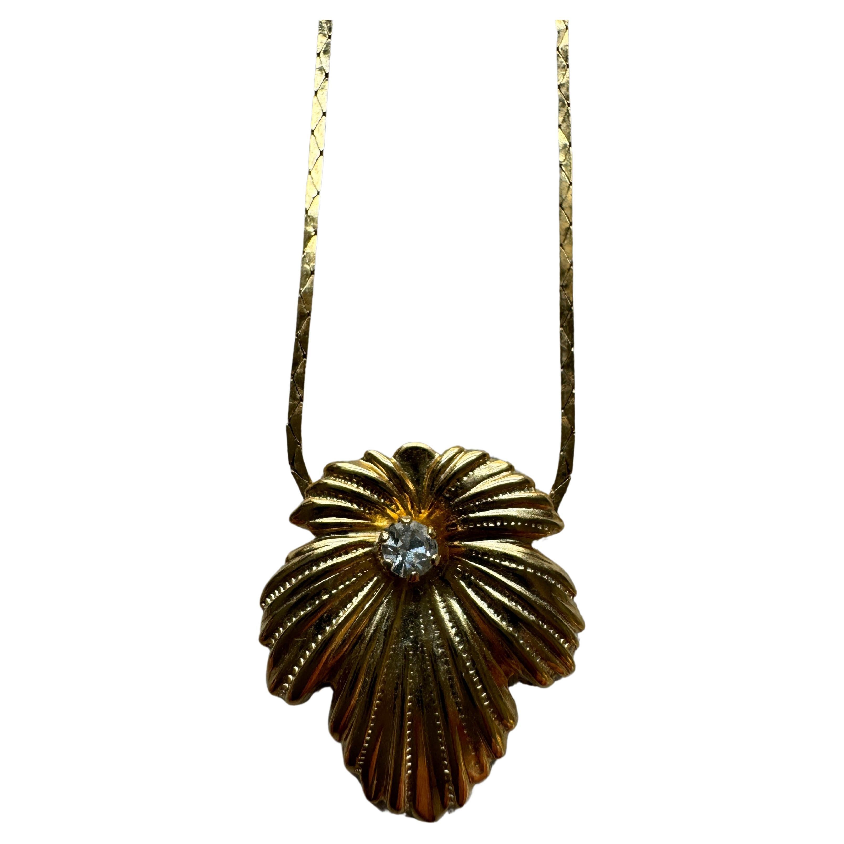 16" Vintage Gold Plated Palm Leaf Necklace With White Topaz Stone For Sale