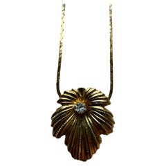 16" Vintage Gold Plated Palm Leaf Necklace With White Topaz Stone