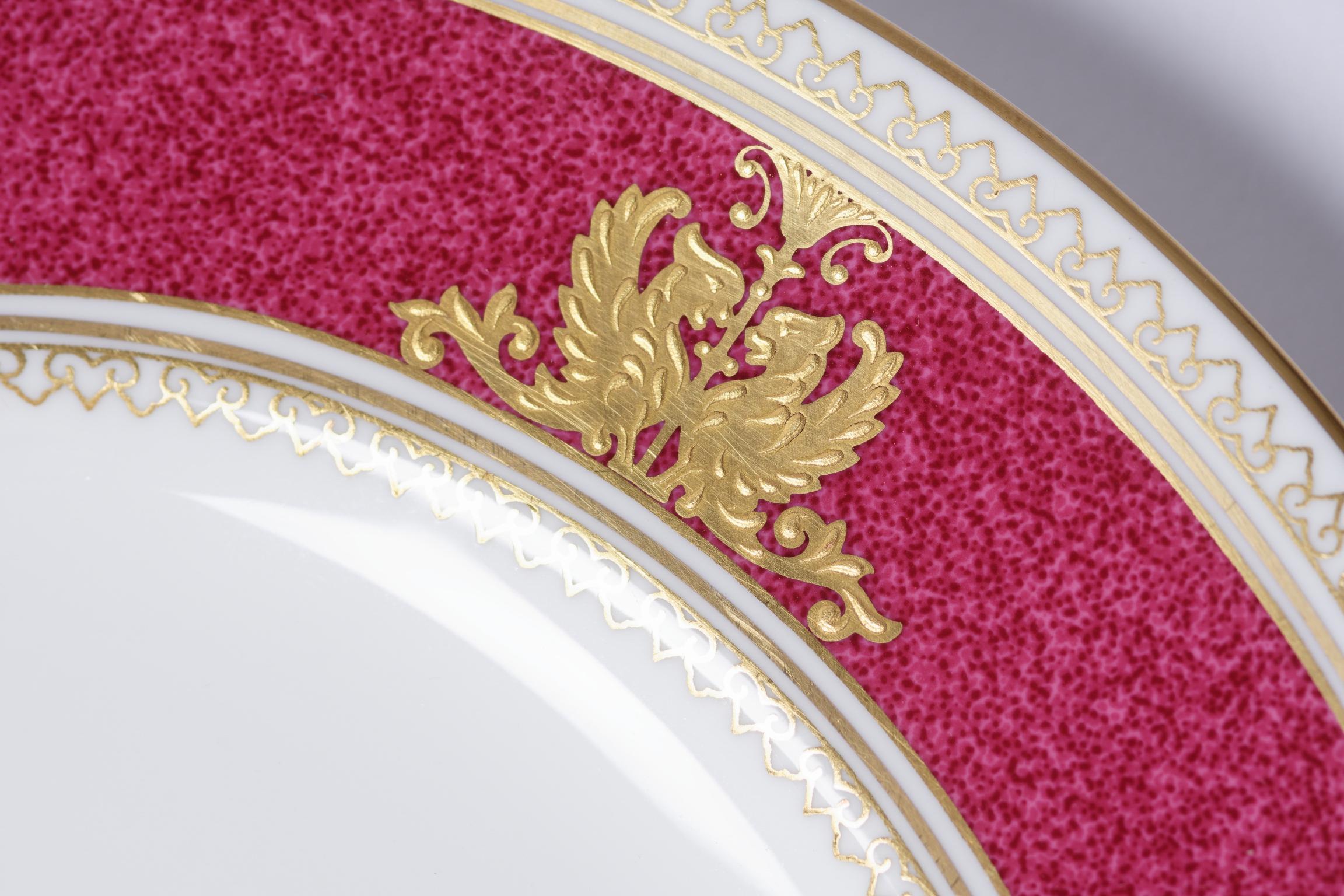 Hand-Crafted 16 Vintage Wedgwood Ruby Gilt Encrusted Dessert or First Course Plates For Sale