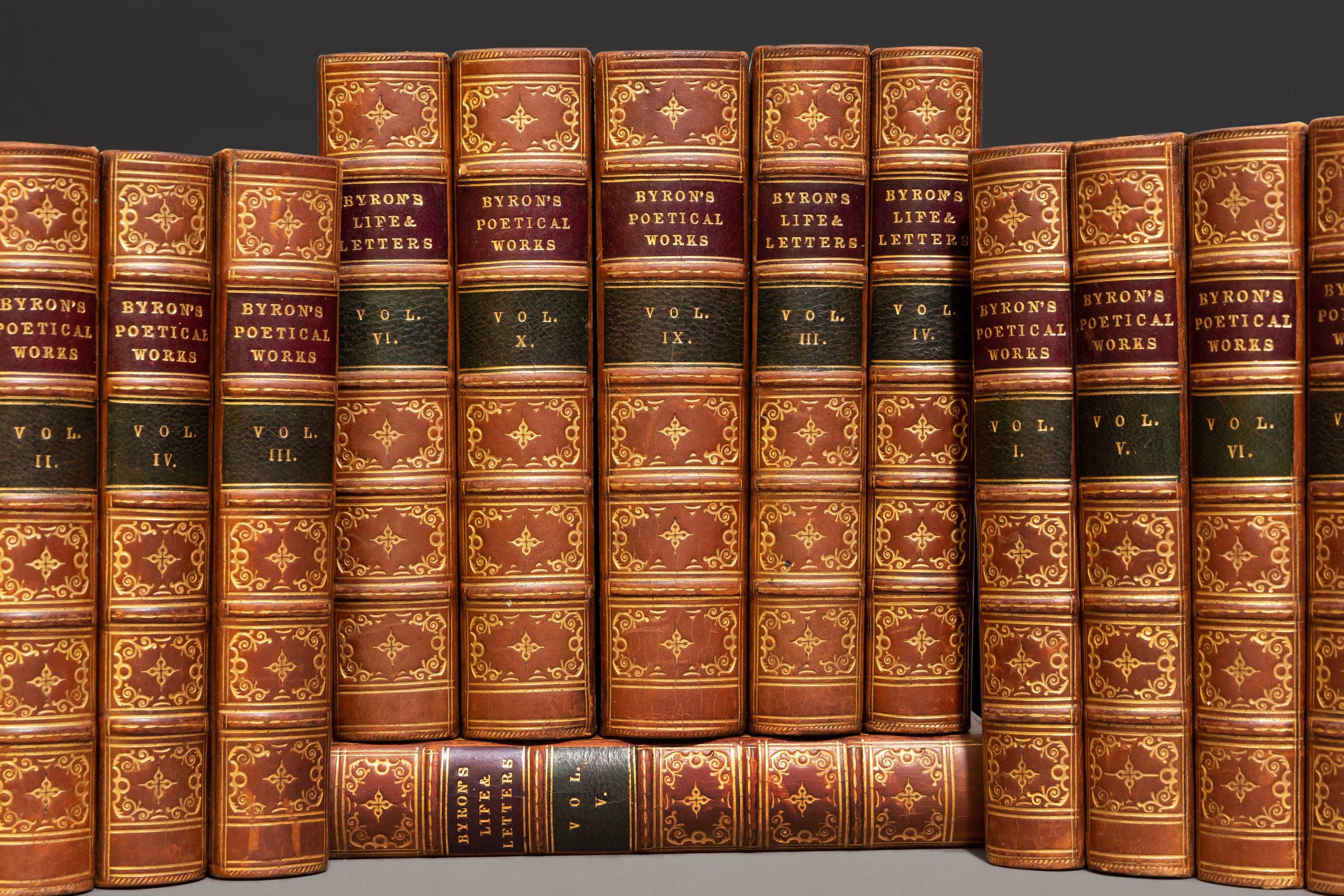 16 Volumes. Lord Byron. The Poetical Works. Bound in full tan calf. Raised bands, purple and green labels, gilt on covers and spines. 
Published: London: John Murray, 1851.
