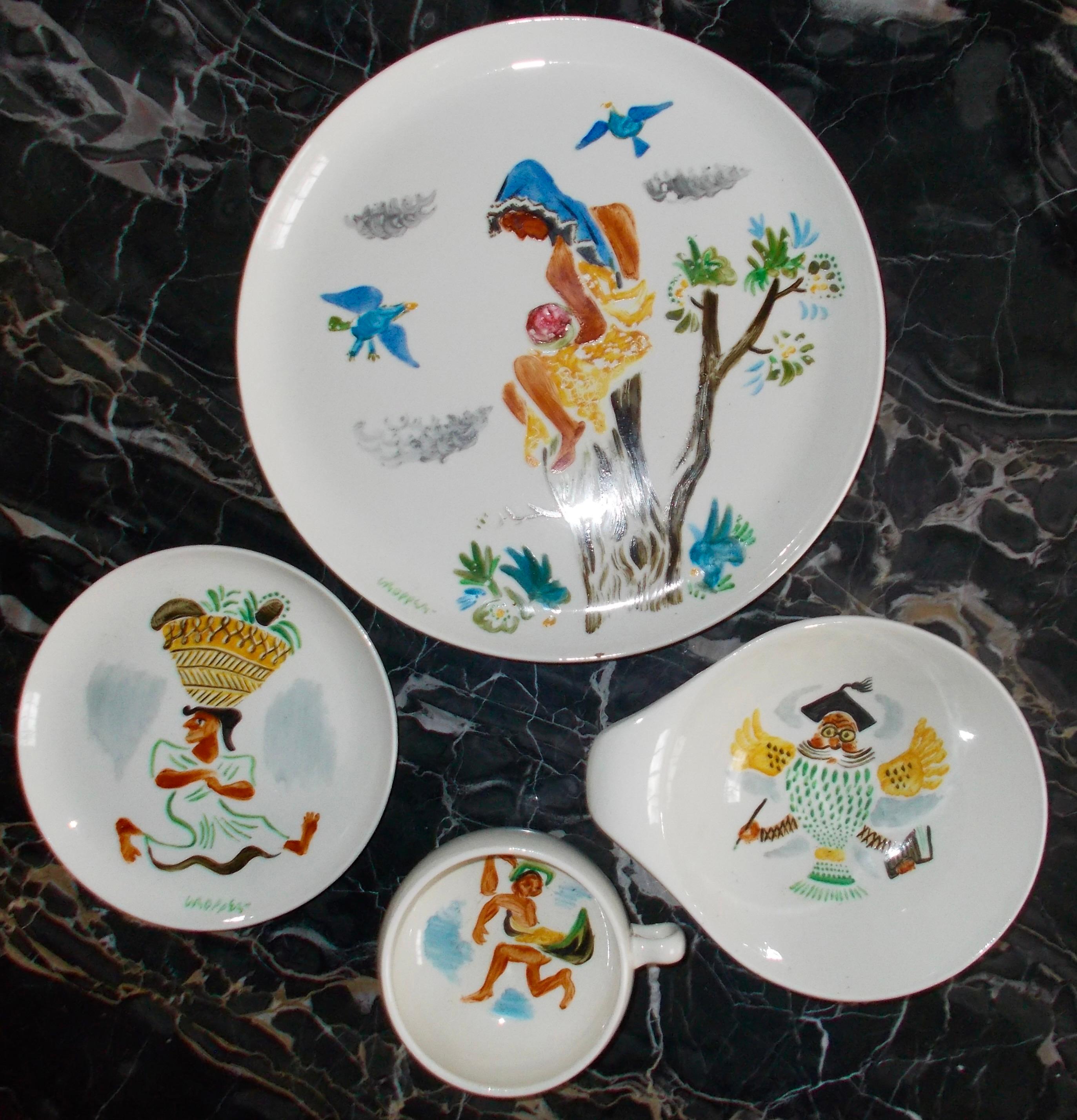 Hand-Painted 16 William Gropper Oil Painted Dishes For Sale