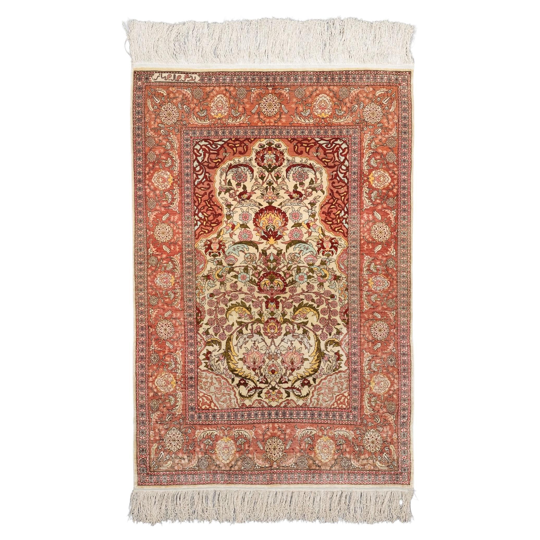 Antique 16 x 16 Quality Signed Hereke Silk Rug - Early 20th Century