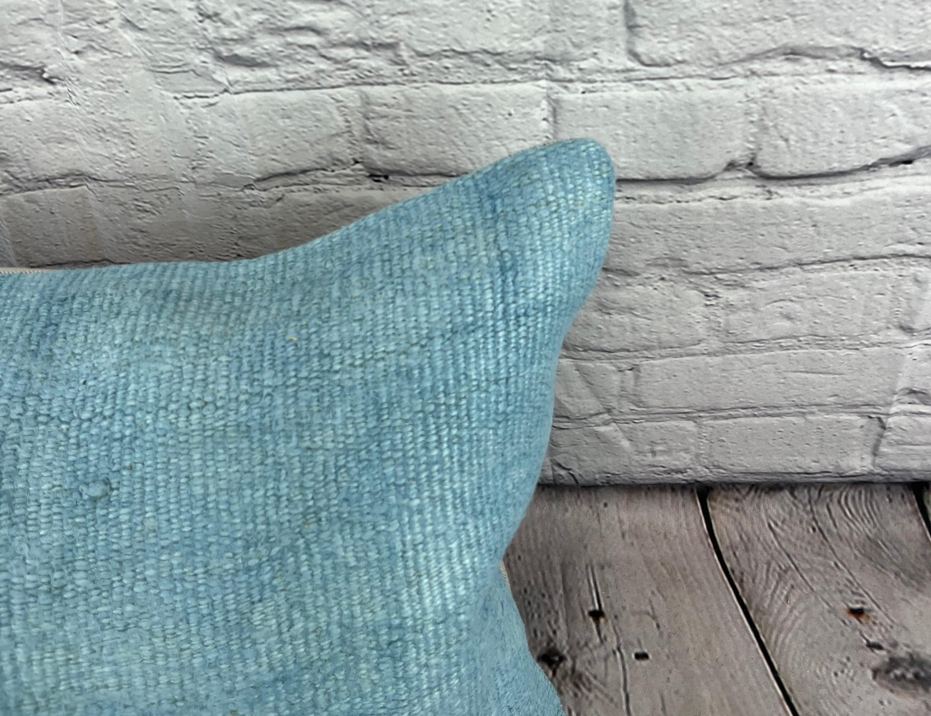 Hand-Knotted 16 x 24 Hemp Pillow Turkish Cushion Natural Blue Pillow Cushion Cover #6213 For Sale