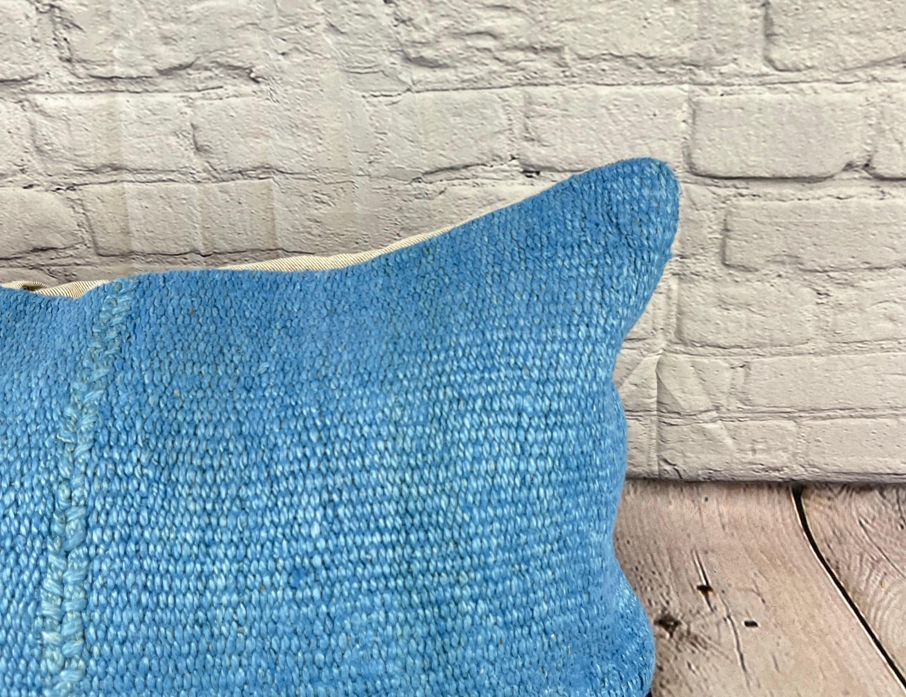 Hand-Knotted 16 x 24 Hemp Pillow Turkish Cushion Natural Blue Pillow Cushion Cover #6230