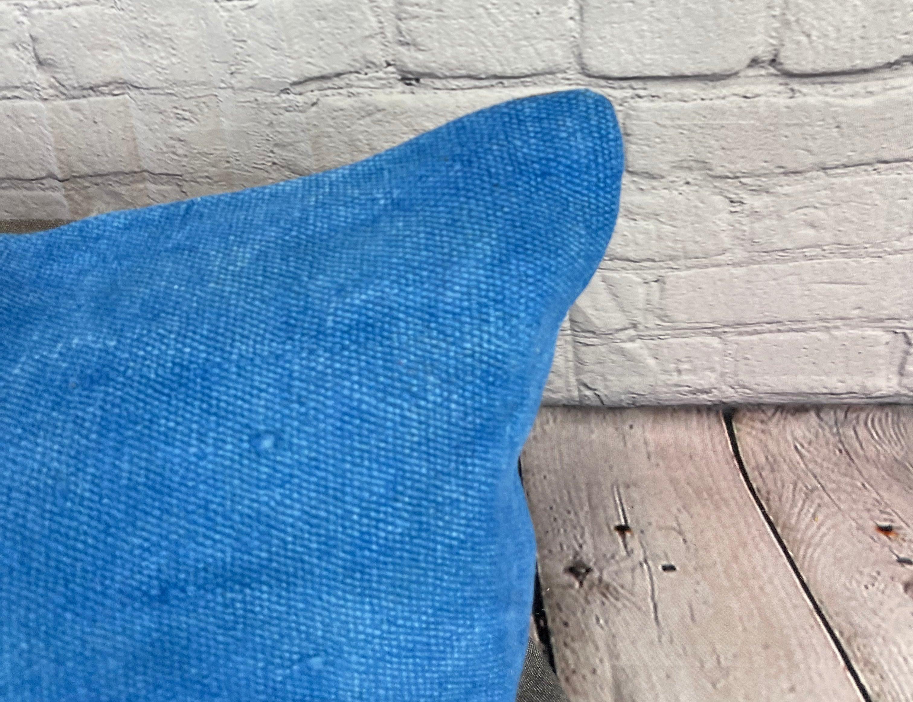 Hand-Knotted 16 x 24 Hemp Pillow Turkish Cushion Natural Blue Pillow Cushion Cover #6249 For Sale