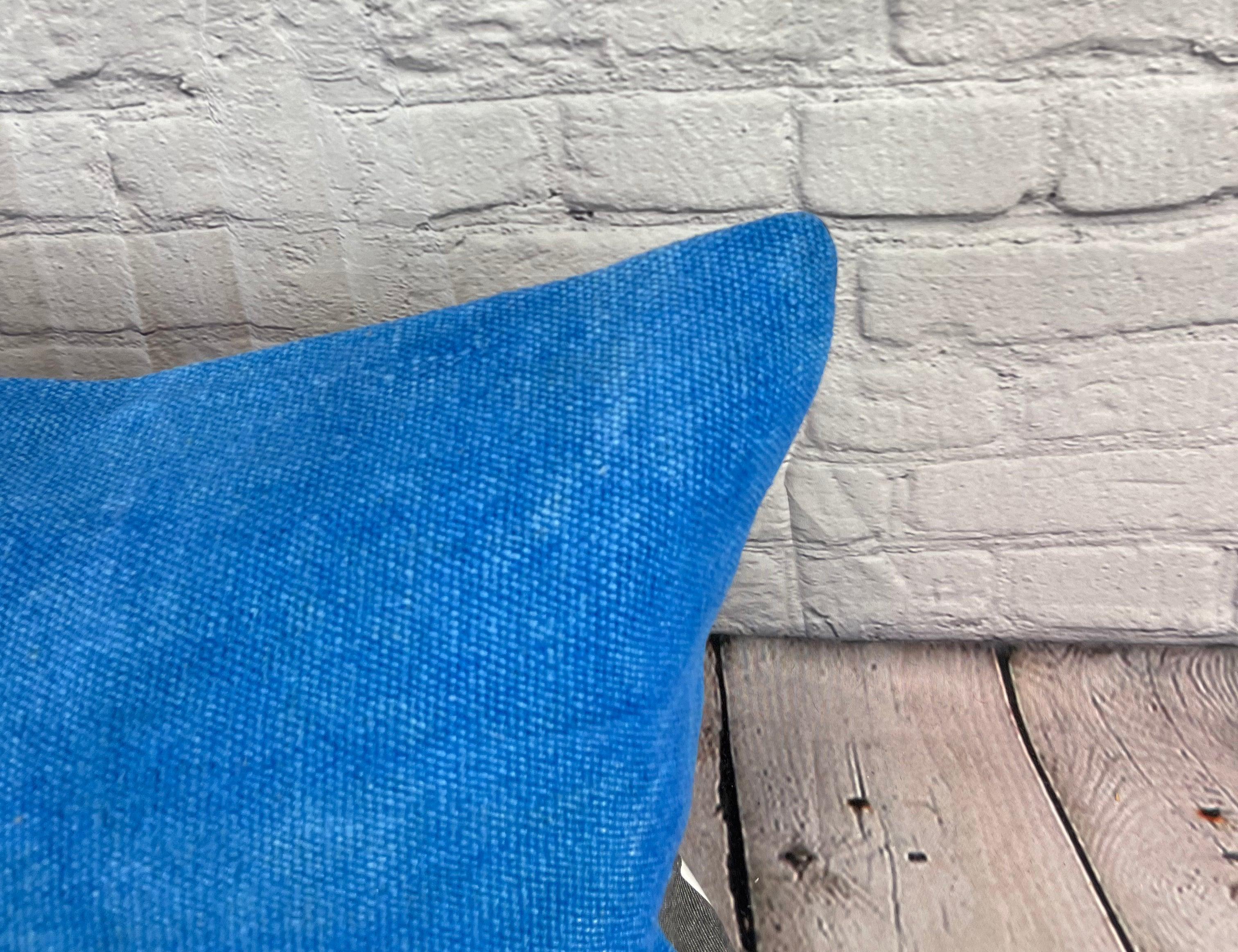 Hand-Knotted 16 x 24 Hemp Pillow Turkish Cushion Natural Blue Pillow Cushion Cover #6251 For Sale