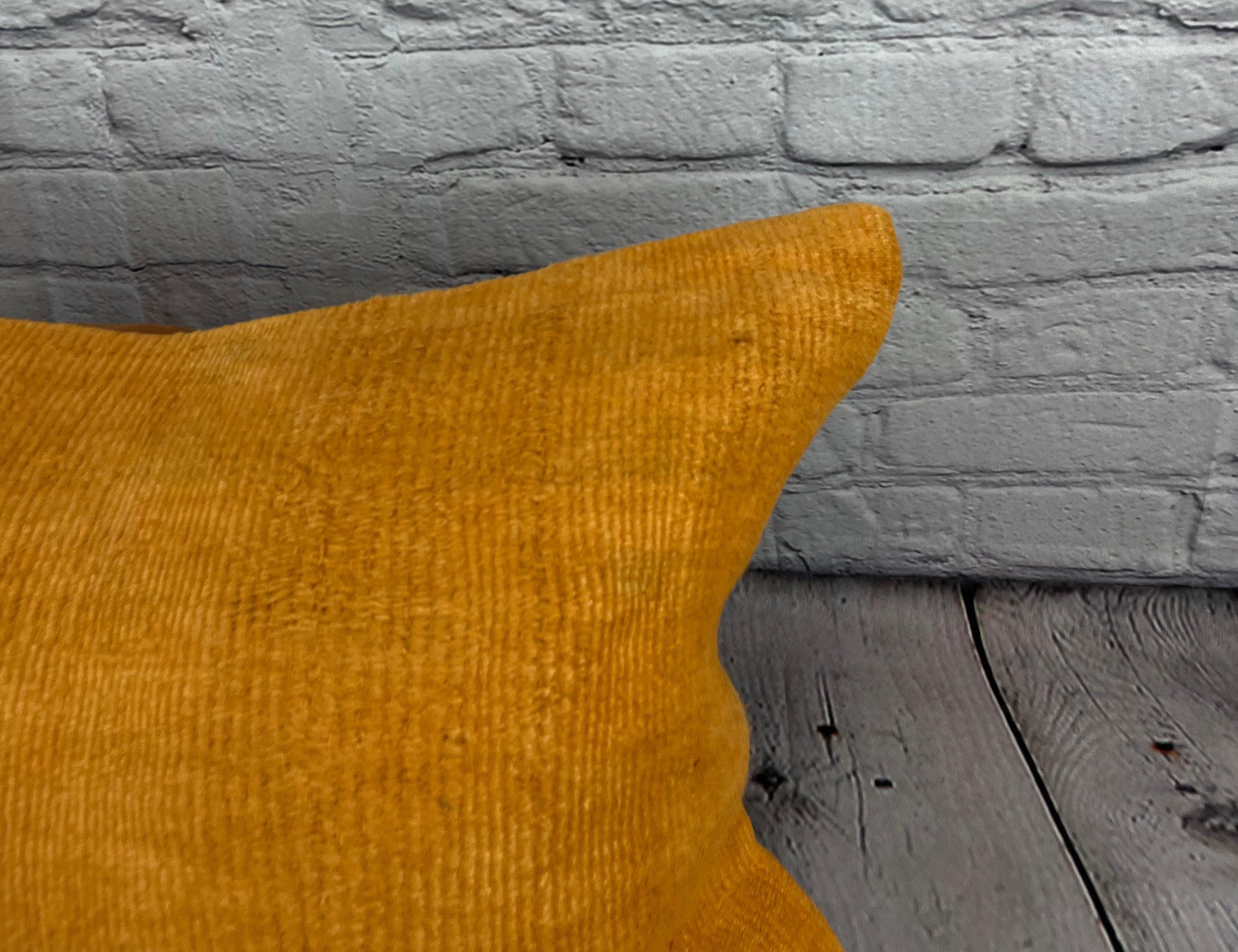 Hand-Knotted 16 x 24 Hemp Pillow Turkish Cushion Natural Orange Pillow Cushion Cover #6262 For Sale