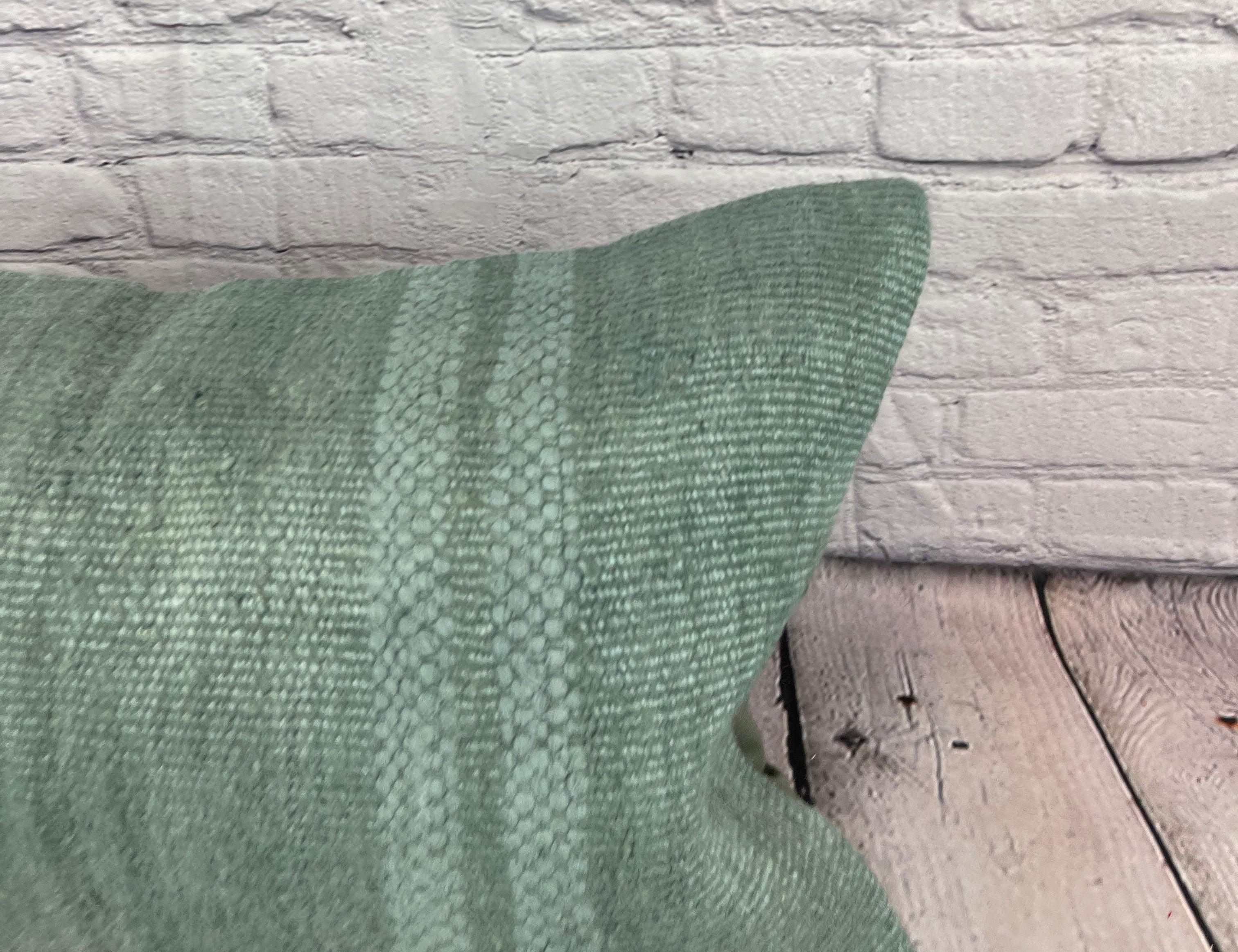 Hand-Knotted 16 x 24 Hemp Turkish Cushion Natural Spanish Green Pillow Cushion Cover #6408 For Sale