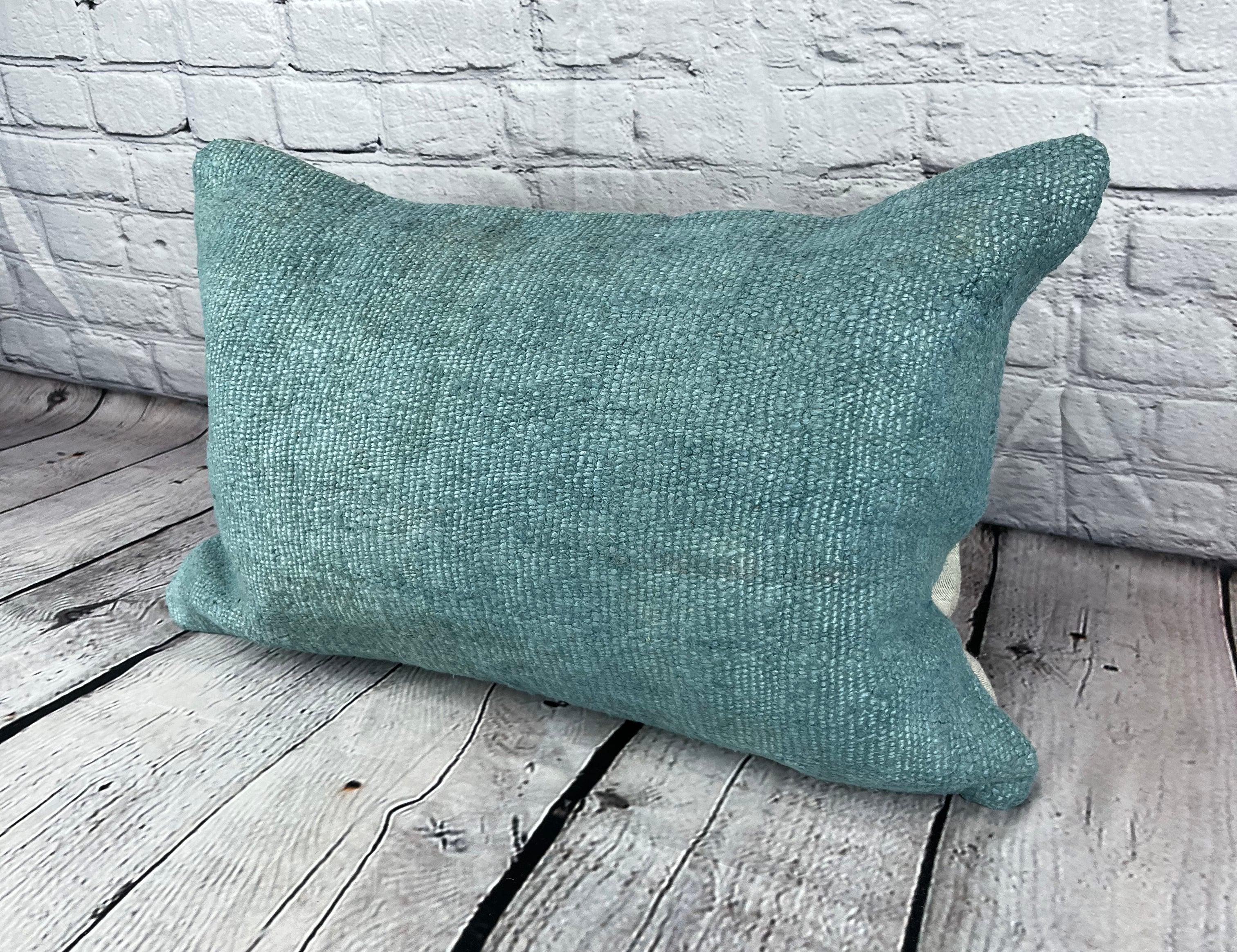 16 x 24 Hemp Pillow Turkish Cushion Natural Grayish Turquoise Pillow Cushion Cover #6024 Elevate your home decor with our Hemp Pillow Turkish Cushion. This exquisite pillow cover, meticulously handwoven, adds a touch of elegance and sophistication
