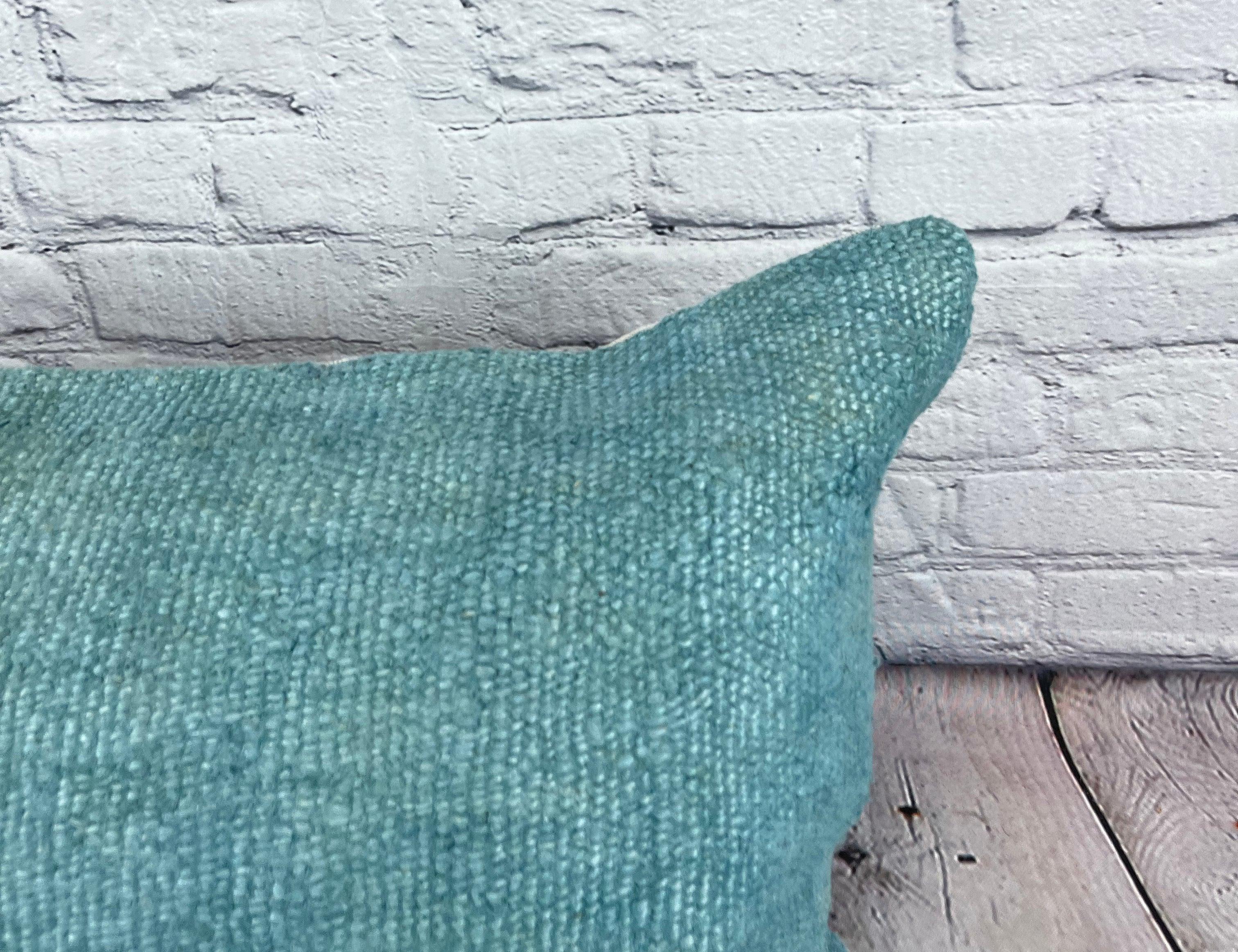 Hand-Knotted 16 x 24 Hemp Turkish Natural Grayish Turquoise Pillow Cushion Cover #6024 For Sale