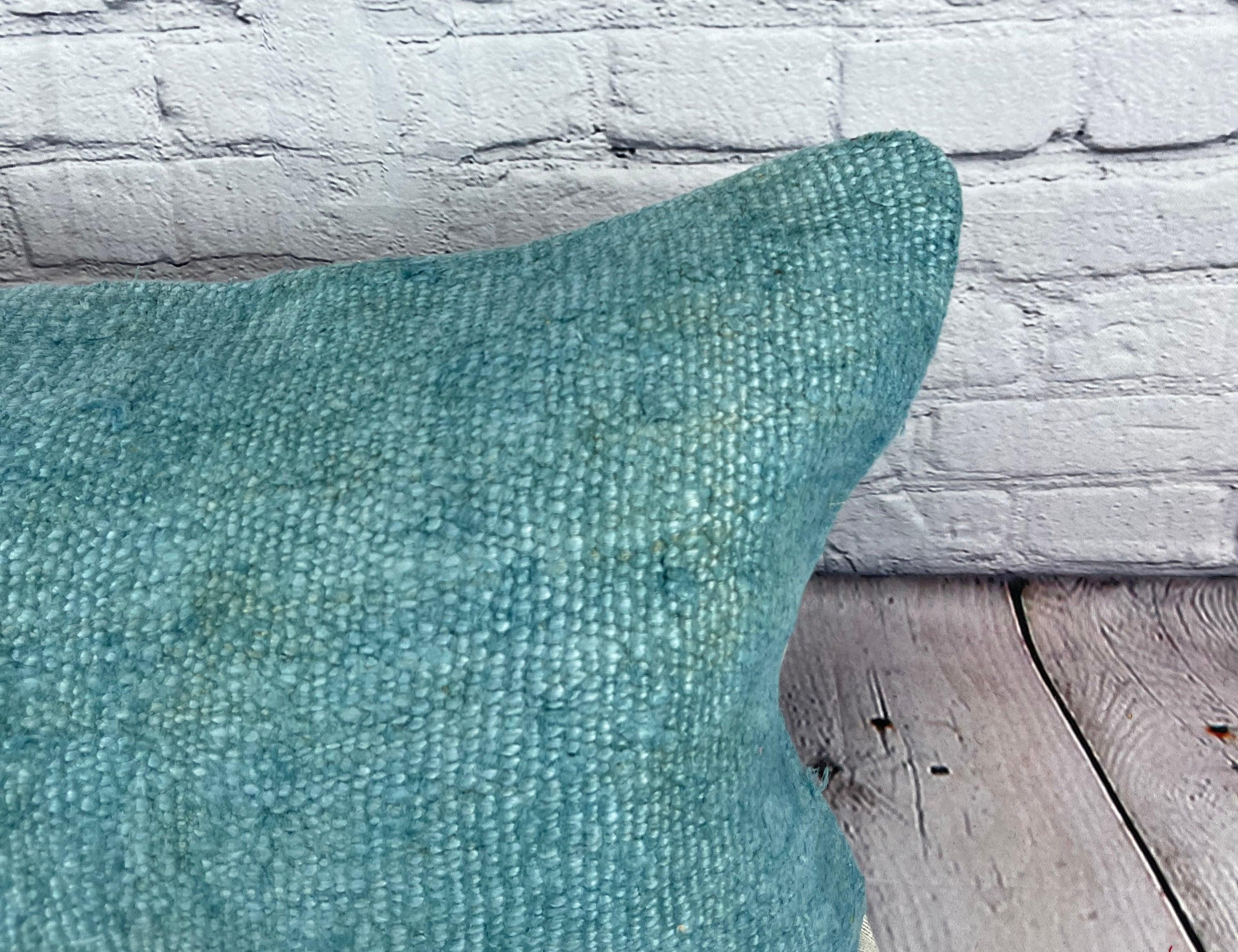 Hand-Knotted 16 x 24 Hemp Turkish Natural Grayish Turquoise Pillow Cushion Cover #6034 For Sale