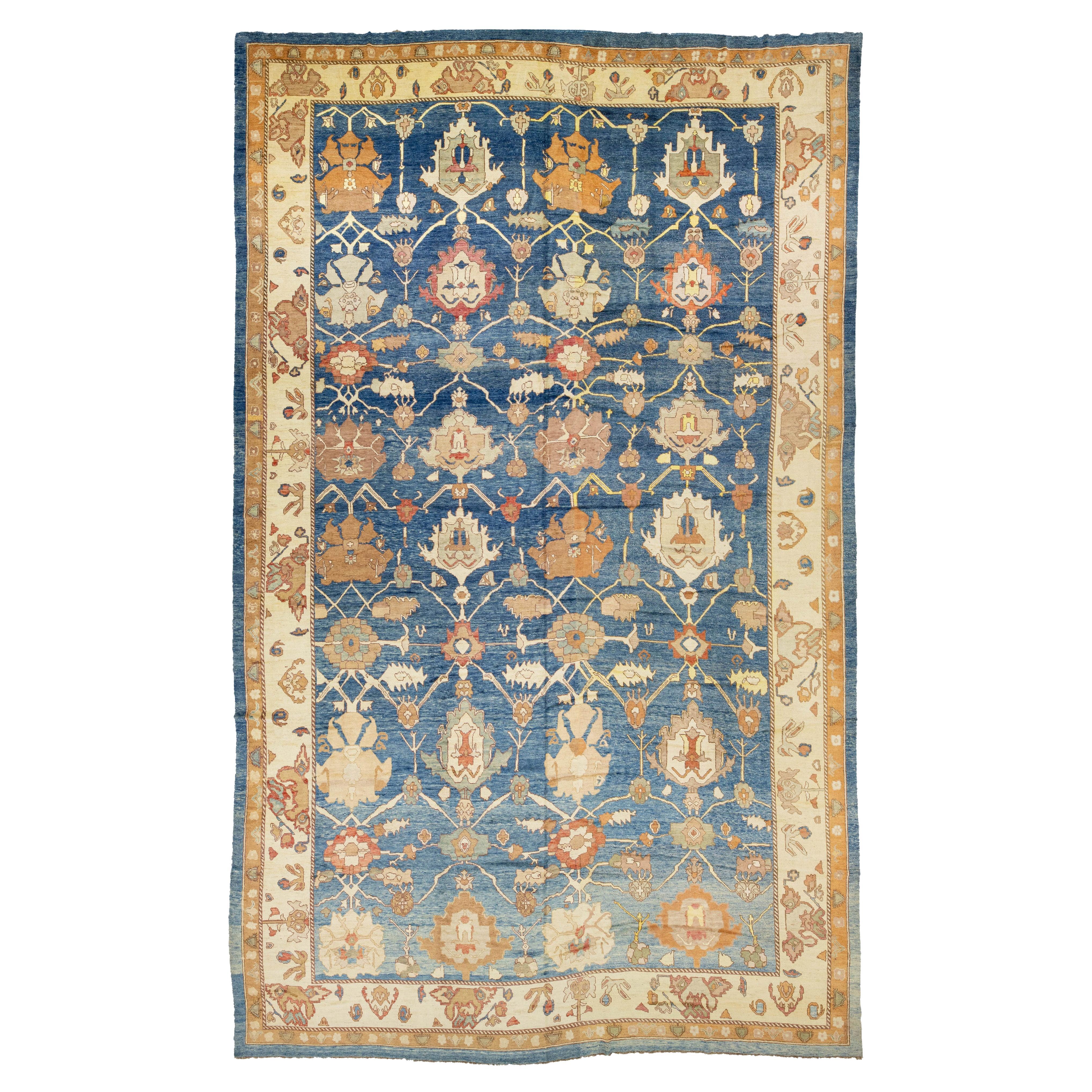 16 x 26 Modern Turkish Oushak Oversized Rug Hand-Knotted Wool Slate Blue 
Ivory For Sale