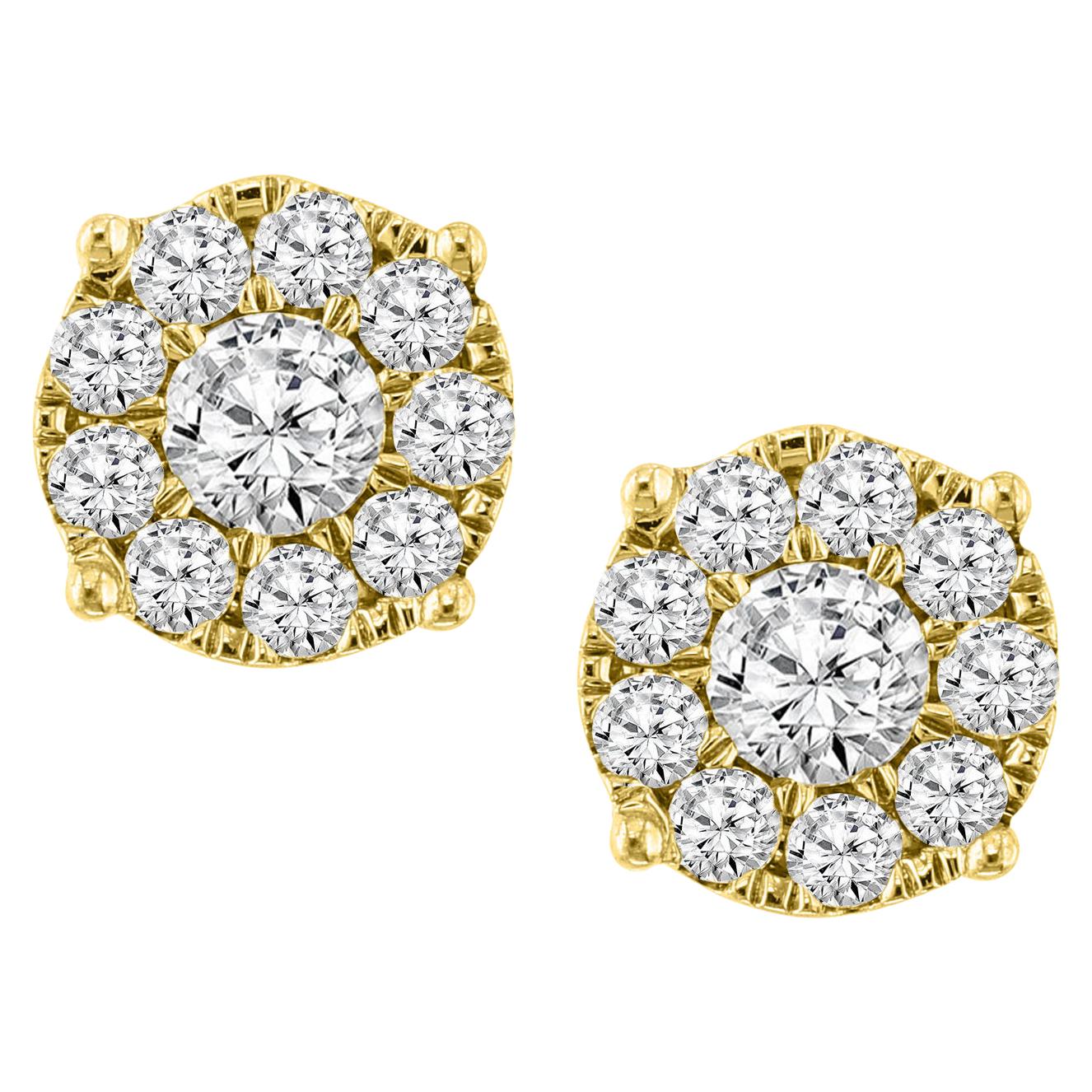 1.60 Carat, 11 Diamond Floral Cluster Flower Stud Earrings in 14 Karat Gold