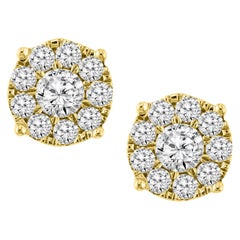 1.60 Carat, 11 Diamond Floral Cluster Flower Stud Earrings in 14 Karat Gold