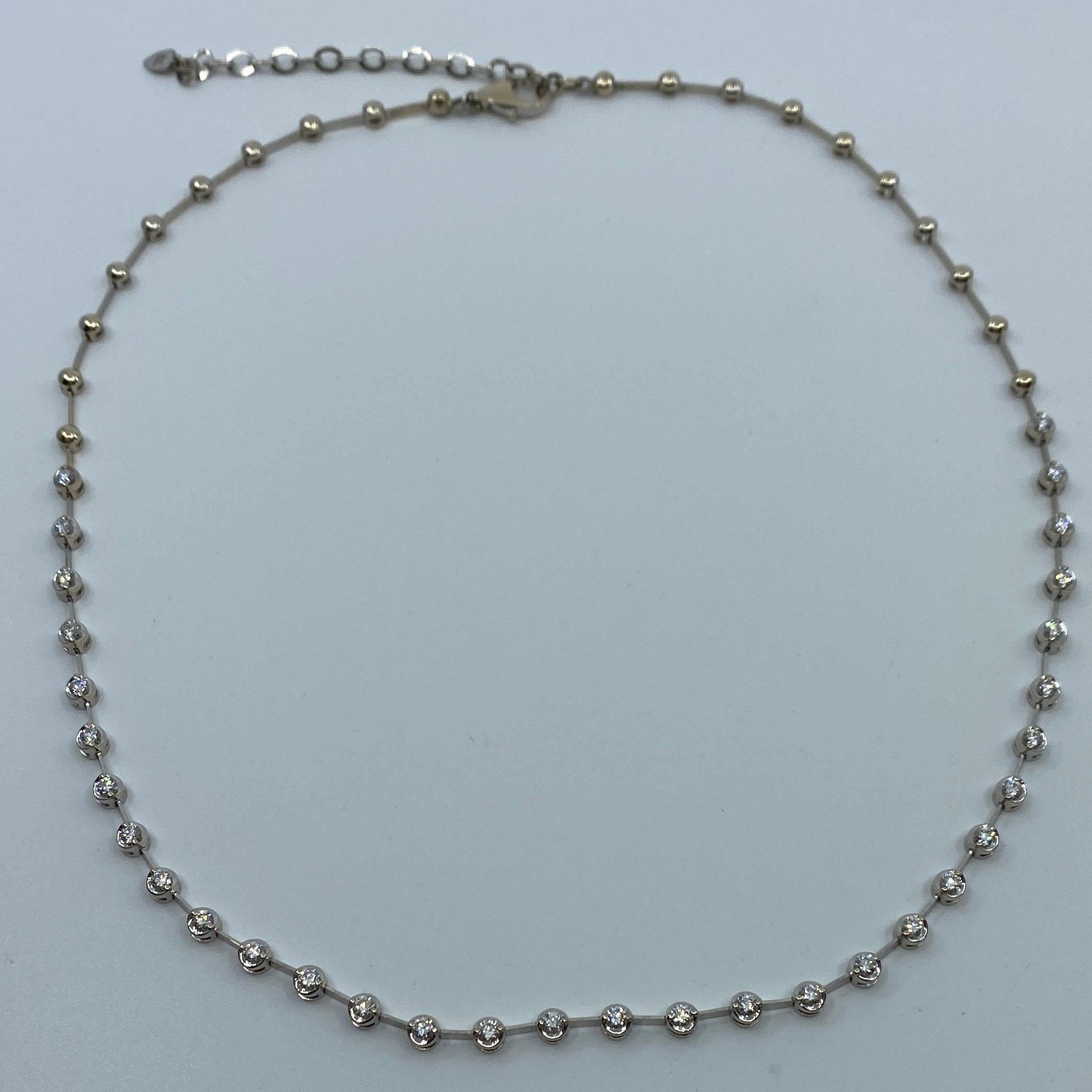 Round Cut 1.60 Carat 18 Karat White Gold Natural Diamond Line Necklace For Sale