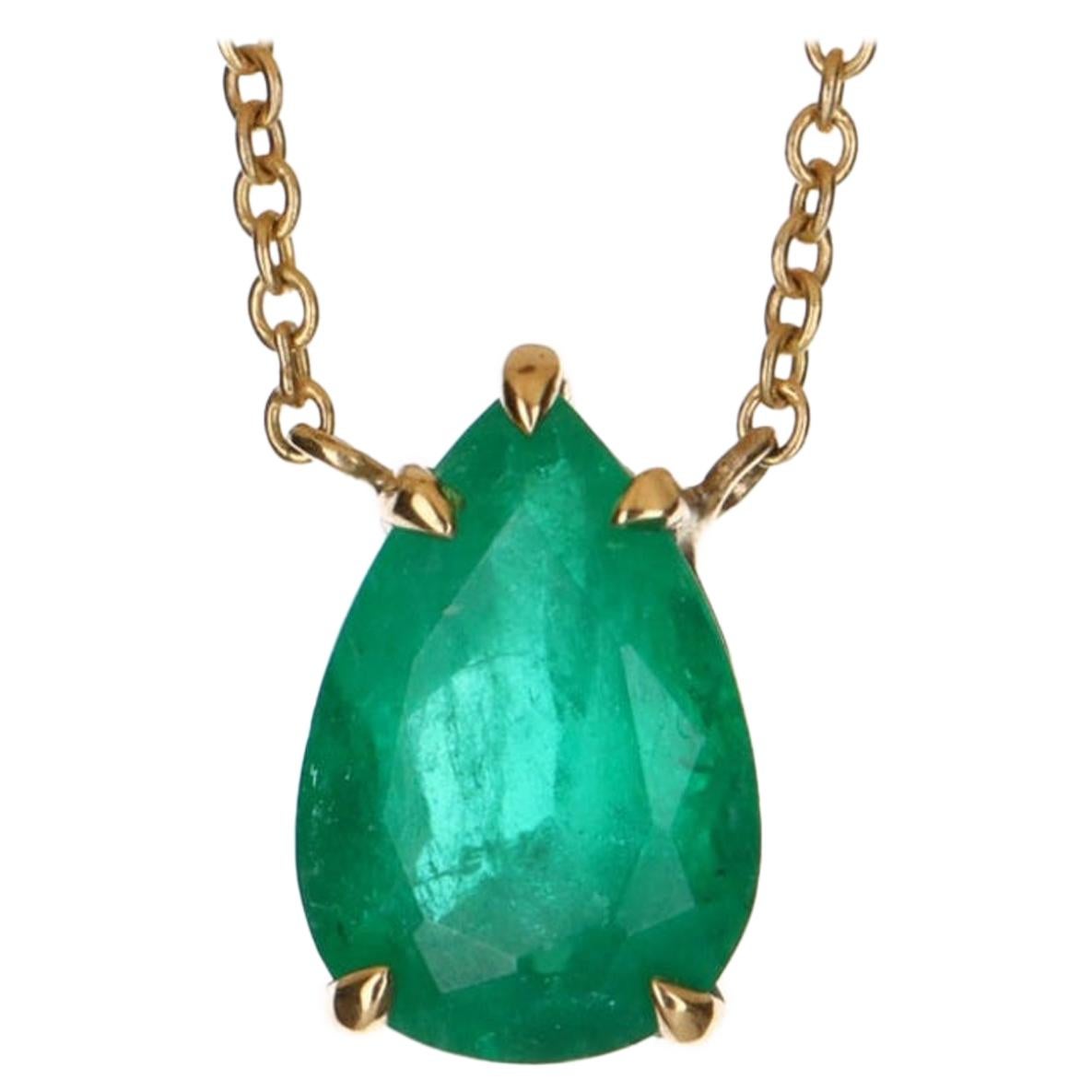 1.60-Carat 18K Colombian Emerald Pear Cut Solitaire Gold Necklace For Sale