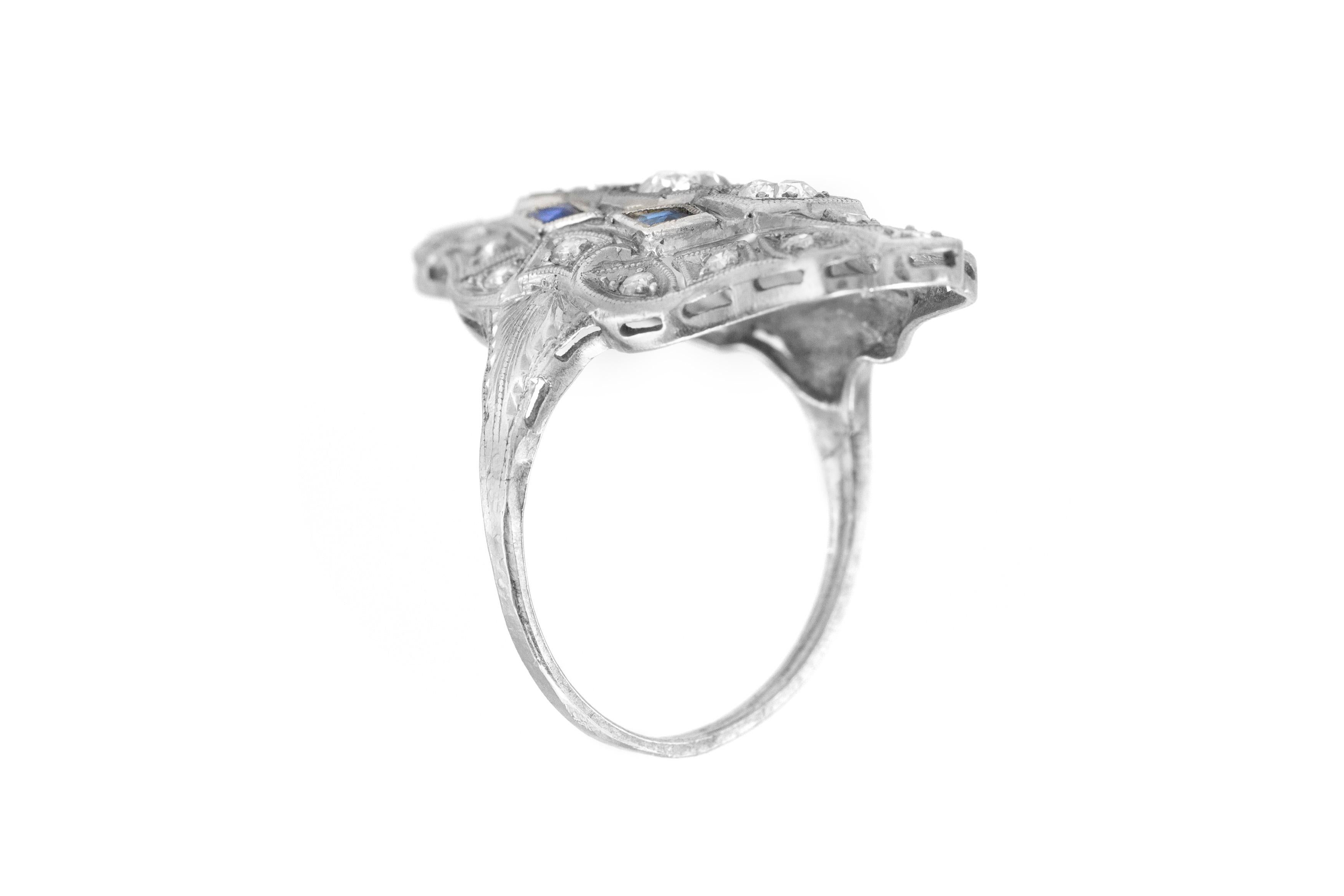 Women's or Men's 1.60 Carat Art Deco Diamond Dinner Ring with Sapphires For Sale