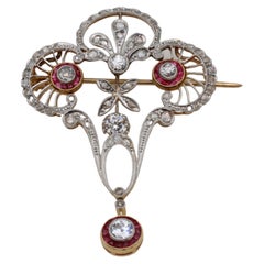 A 1.60 Carat Victorian Old European Platinum, Gold, Ruby, Diamond Brooch/Pendant