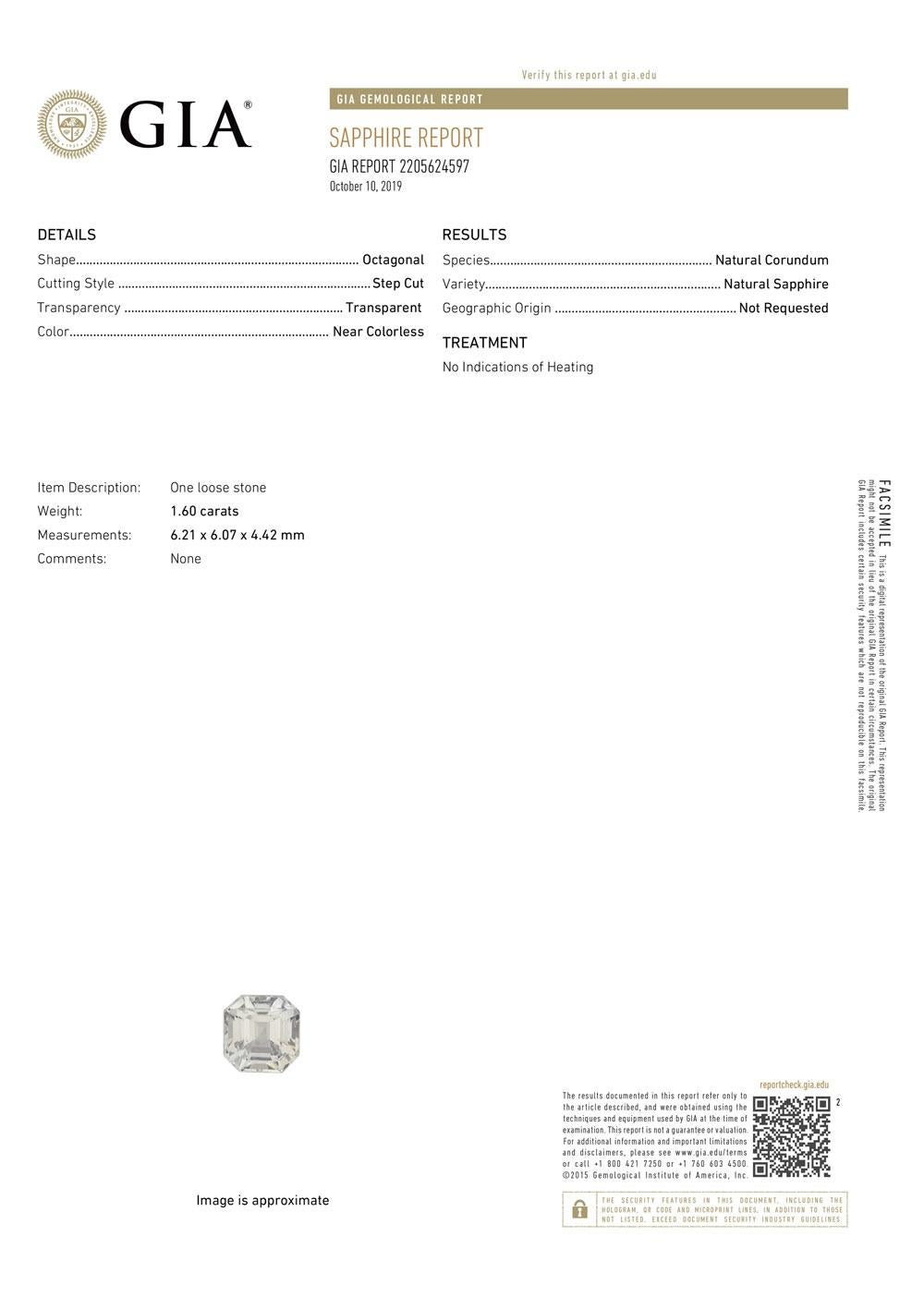 1.60 Carat Asscher Cut White Near Colorless Sapphire GIA Certified Unheated Unisexe en vente