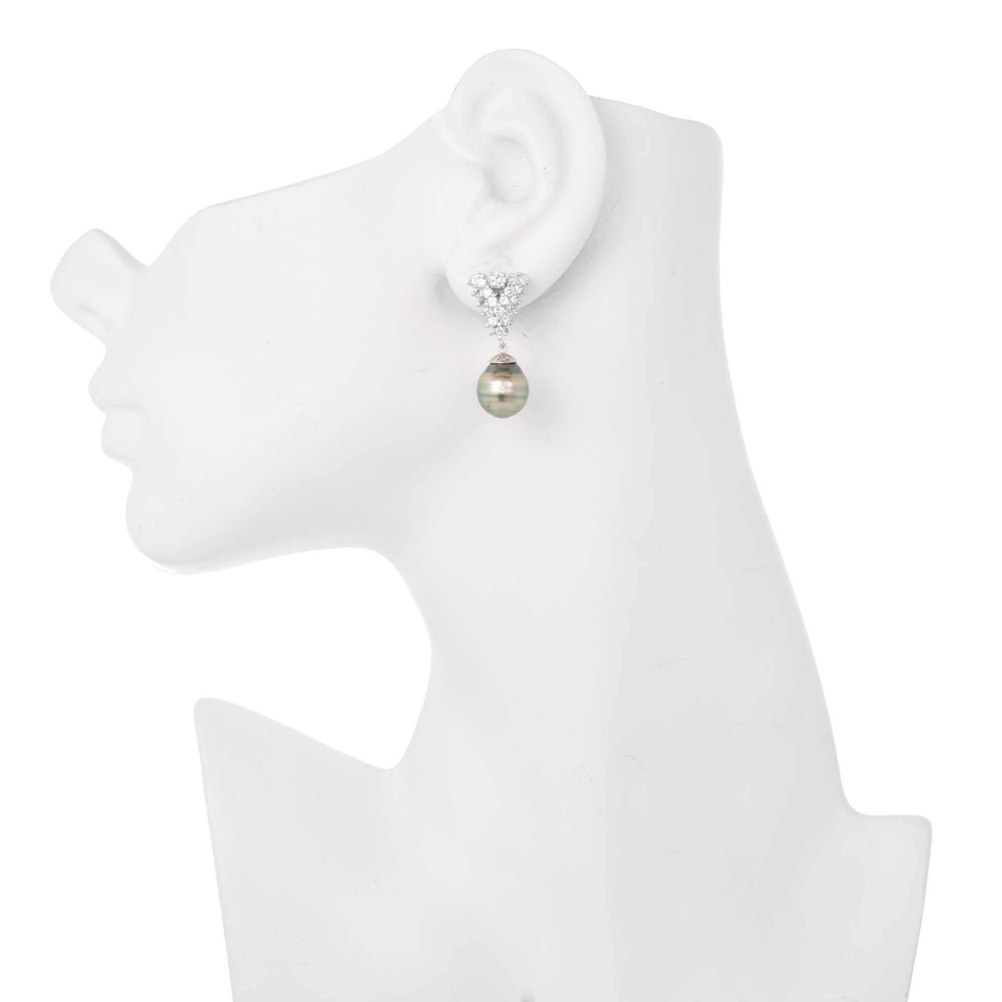 Women's 1.60 Carat Black South Sea Baroque Pearl Diamond Gold Dangle Earrings