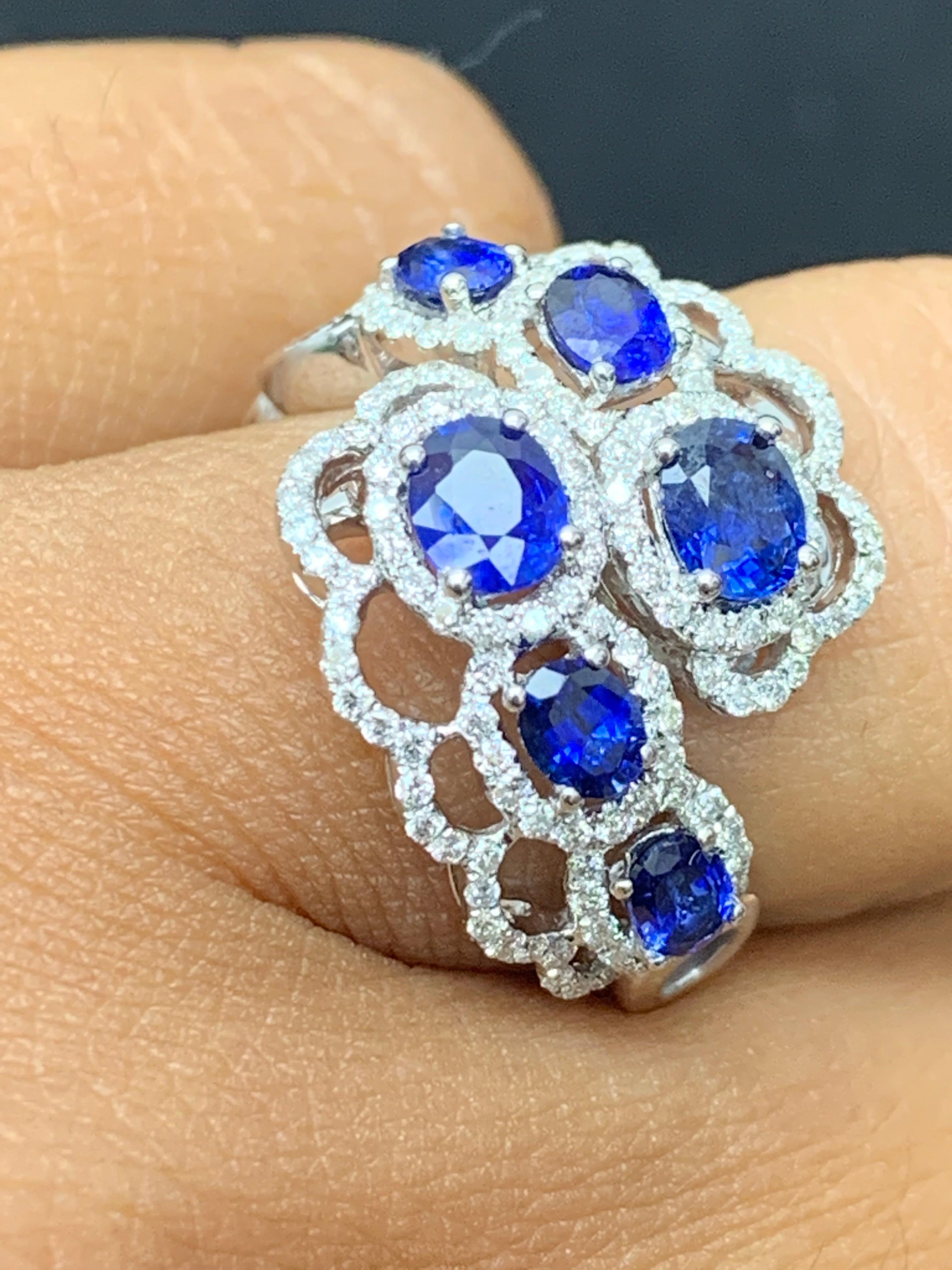 1.60 Carat Blue Sapphire Diamond Open Work Halo Fashion Ring in 18K White Gold For Sale 6