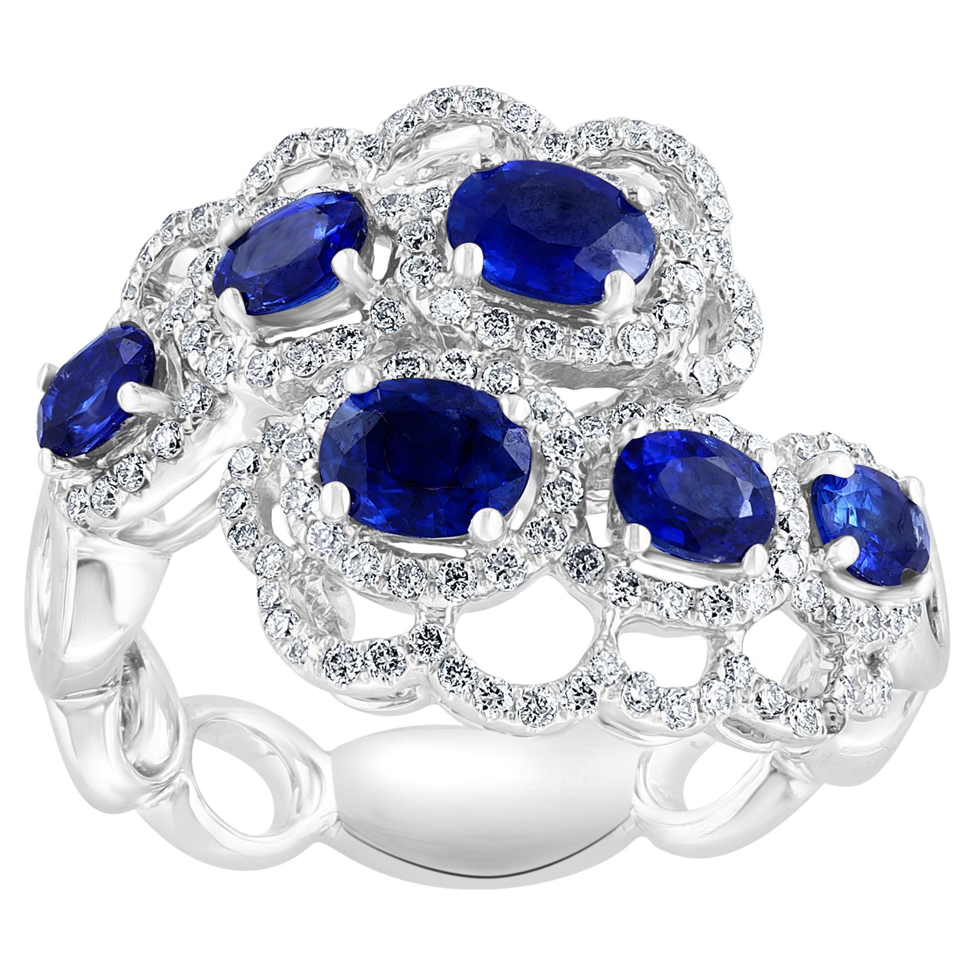 1.60 Carat Blue Sapphire Diamond Open Work Halo Fashion Ring in 18K White Gold For Sale